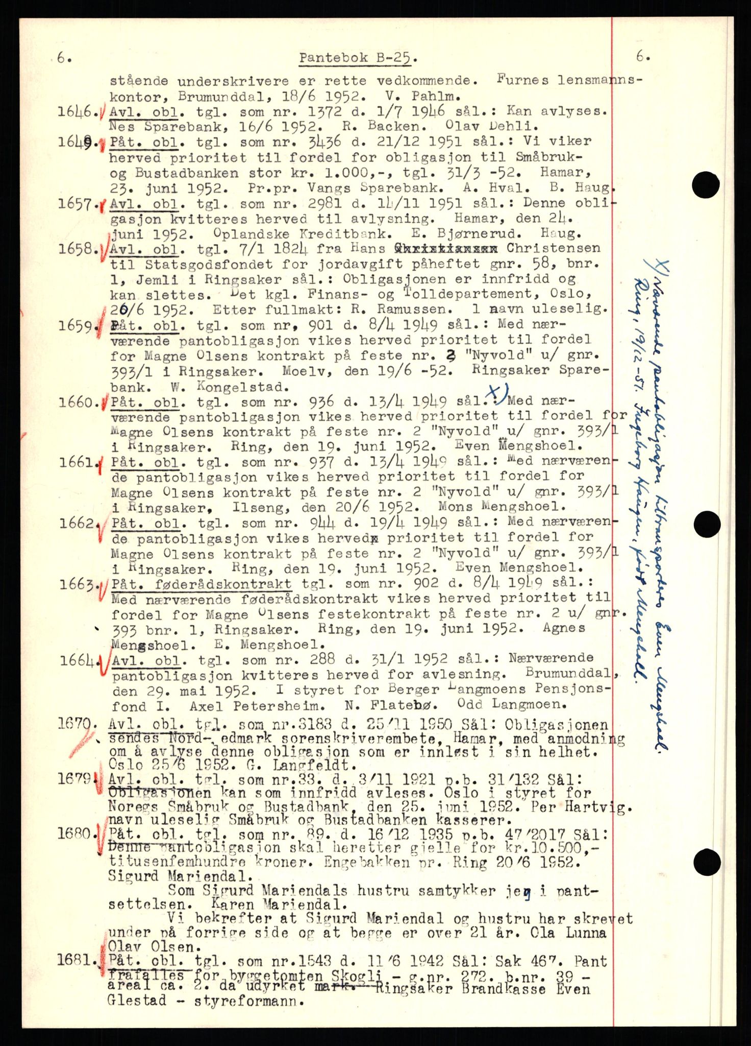 Nord-Hedmark sorenskriveri, SAH/TING-012/H/Hb/Hbf/L0025: Pantebok nr. B25, 1952-1952, Dagboknr: 1646/1952
