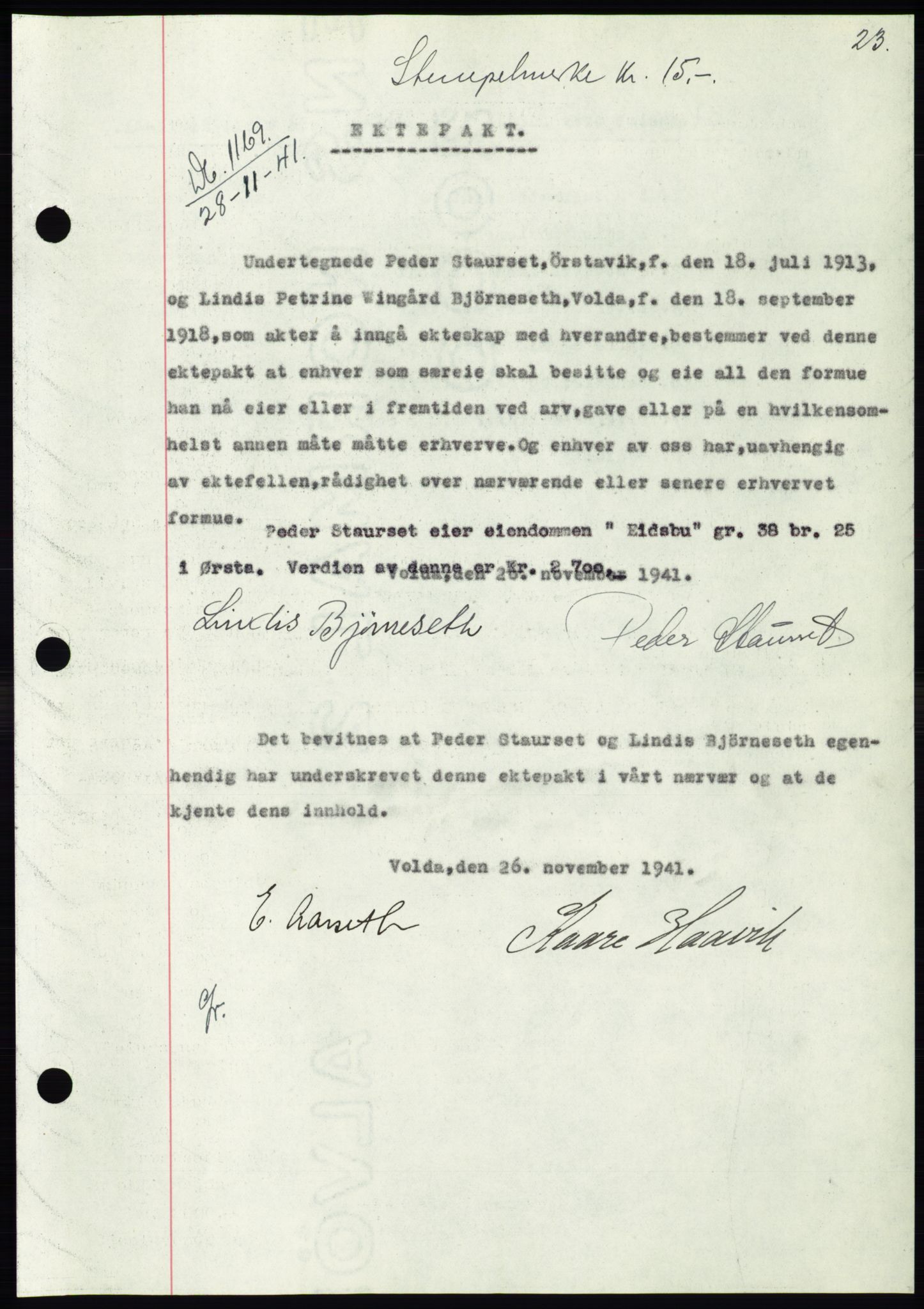 Søre Sunnmøre sorenskriveri, SAT/A-4122/1/2/2C/L0073: Pantebok nr. 67, 1941-1942, Dagboknr: 1169/1941