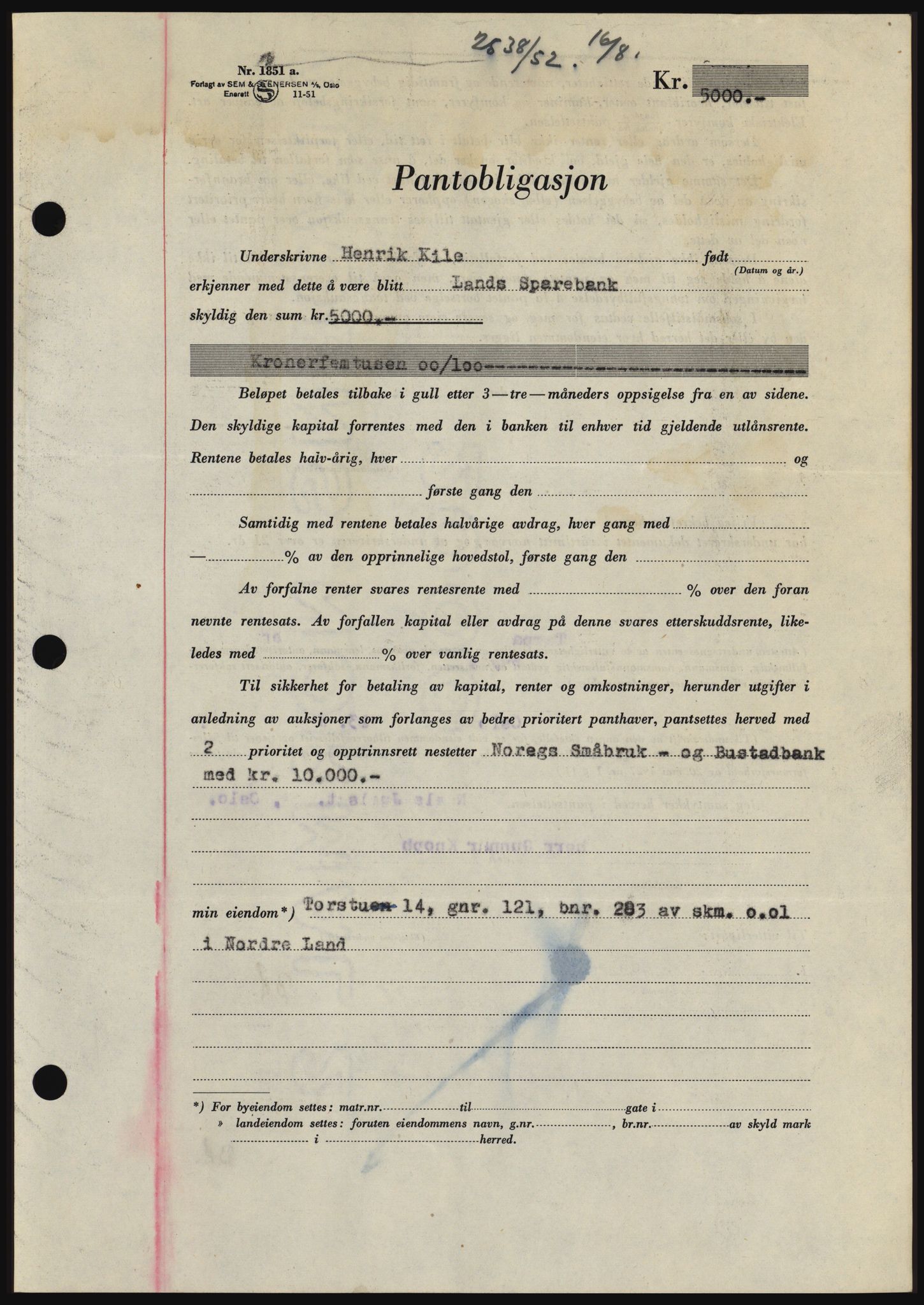 Hadeland og Land tingrett, SAH/TING-010/H/Hb/Hbc/L0024: Pantebok nr. B24, 1952-1952, Dagboknr: 2538/1952