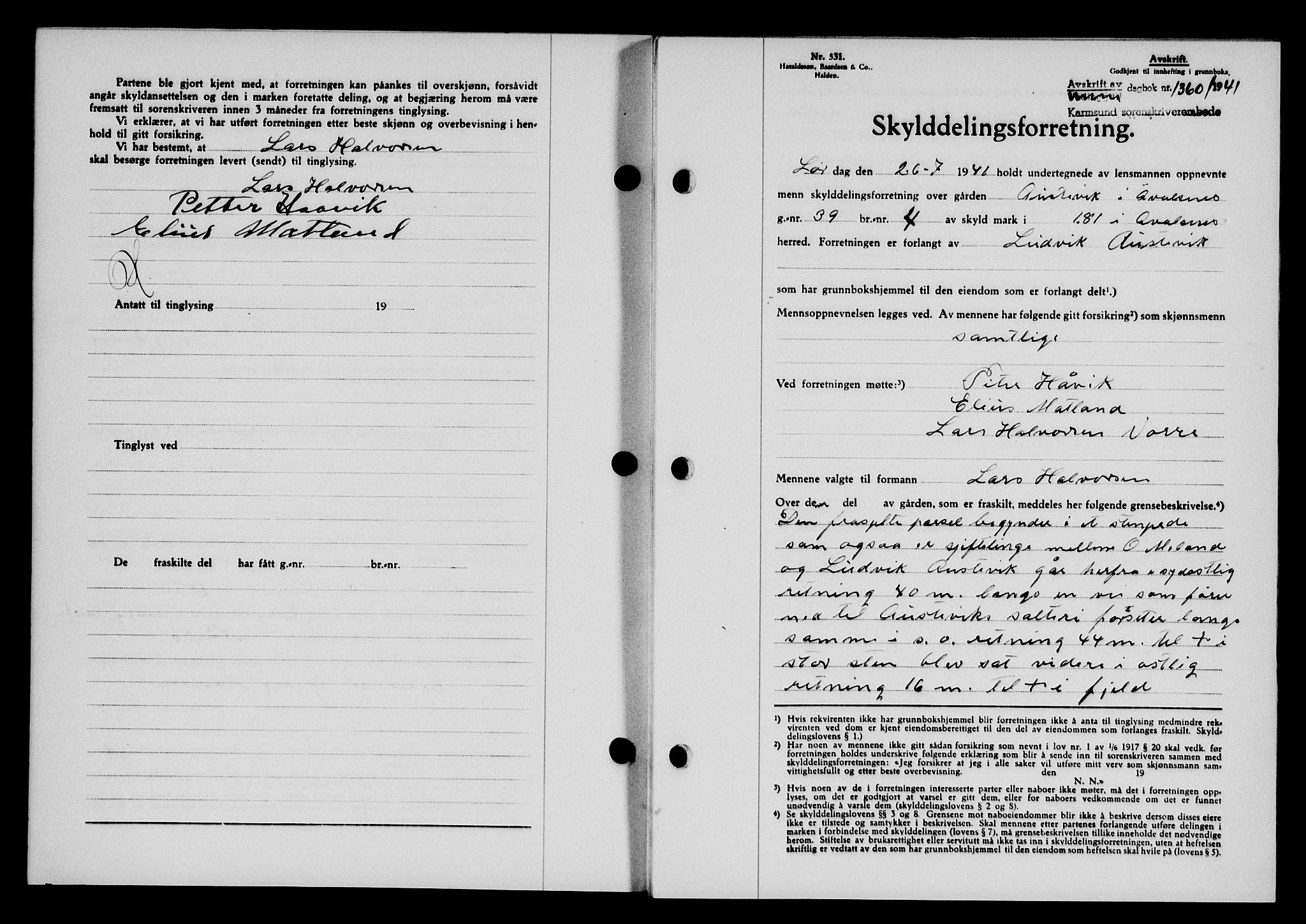 Karmsund sorenskriveri, SAST/A-100311/01/II/IIB/L0075: Pantebok nr. 56A, 1941-1941, Dagboknr: 1360/1941