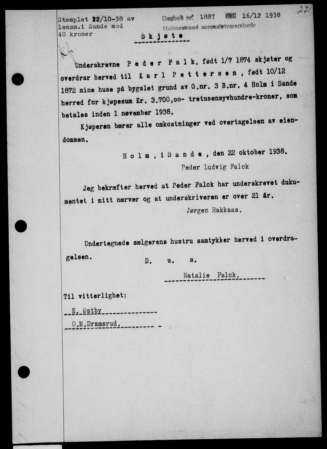 Holmestrand sorenskriveri, SAKO/A-67/G/Ga/Gaa/L0050: Pantebok nr. A-50, 1938-1939, Dagboknr: 1887/1938