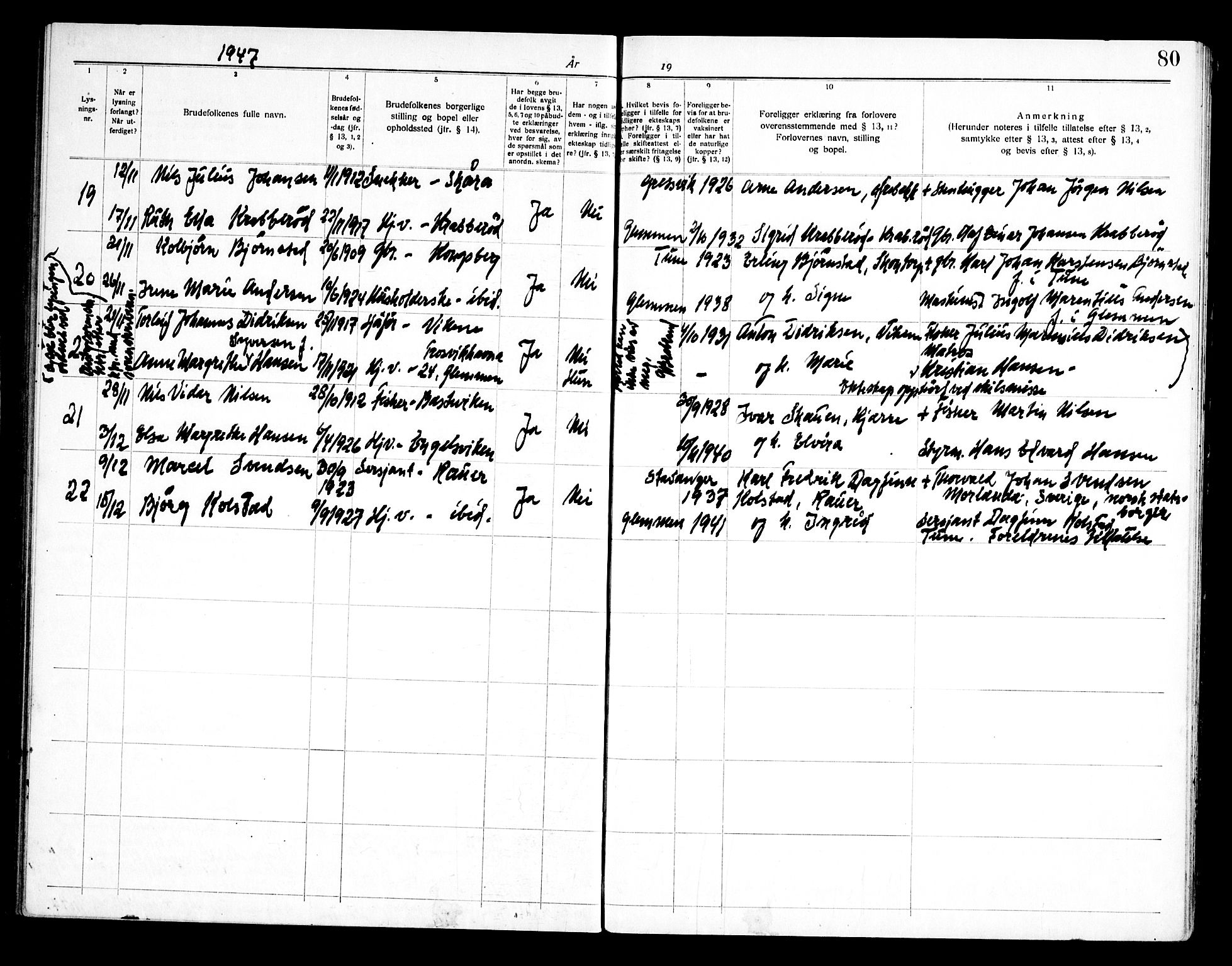 Onsøy prestekontor Kirkebøker, AV/SAO-A-10914/H/Ha/L0001: Lysningsprotokoll nr. I 1, 1919-1956, s. 80