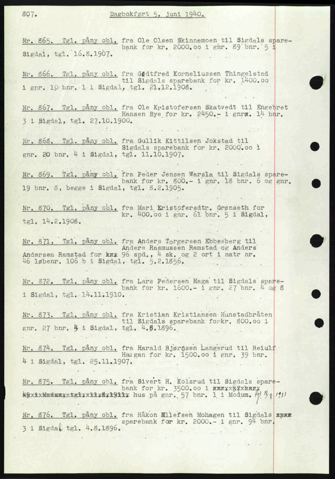 Eiker, Modum og Sigdal sorenskriveri, SAKO/A-123/G/Ga/Gab/L0041: Pantebok nr. A11, 1939-1940, Dagboknr: 865/1940