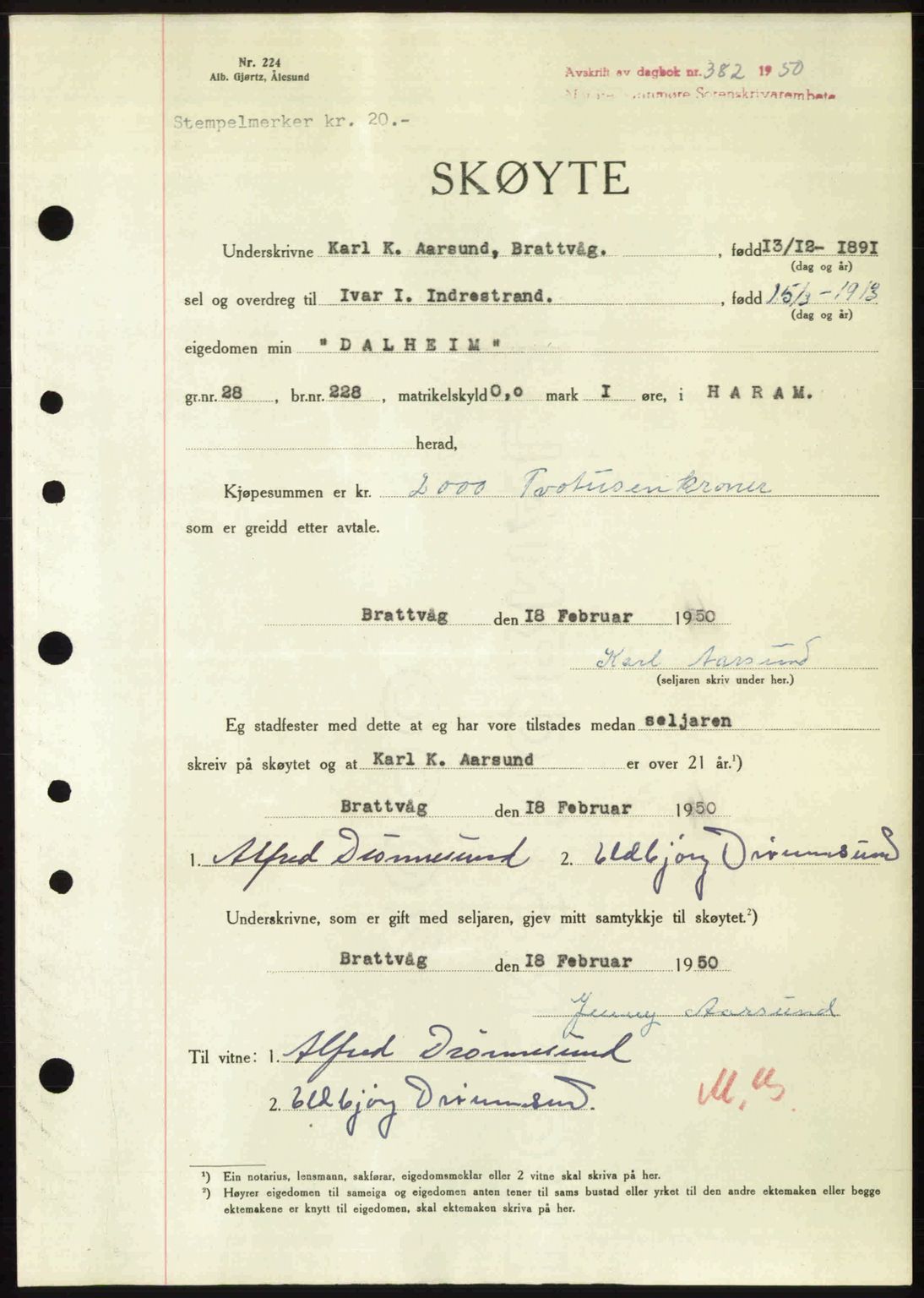 Nordre Sunnmøre sorenskriveri, AV/SAT-A-0006/1/2/2C/2Ca: Pantebok nr. A33, 1949-1950, Dagboknr: 382/1950