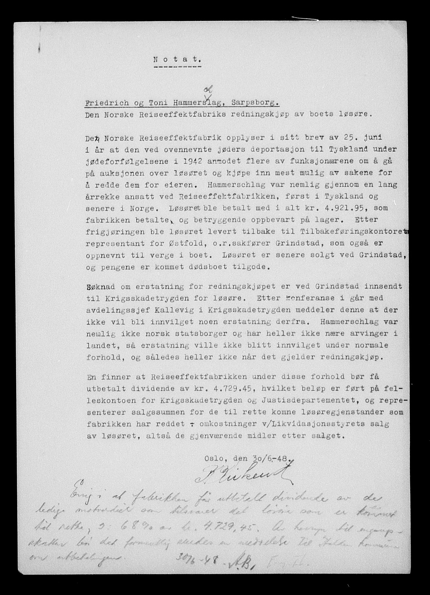 Justisdepartementet, Tilbakeføringskontoret for inndratte formuer, AV/RA-S-1564/H/Hc/Hcd/L0998: --, 1945-1947, s. 73