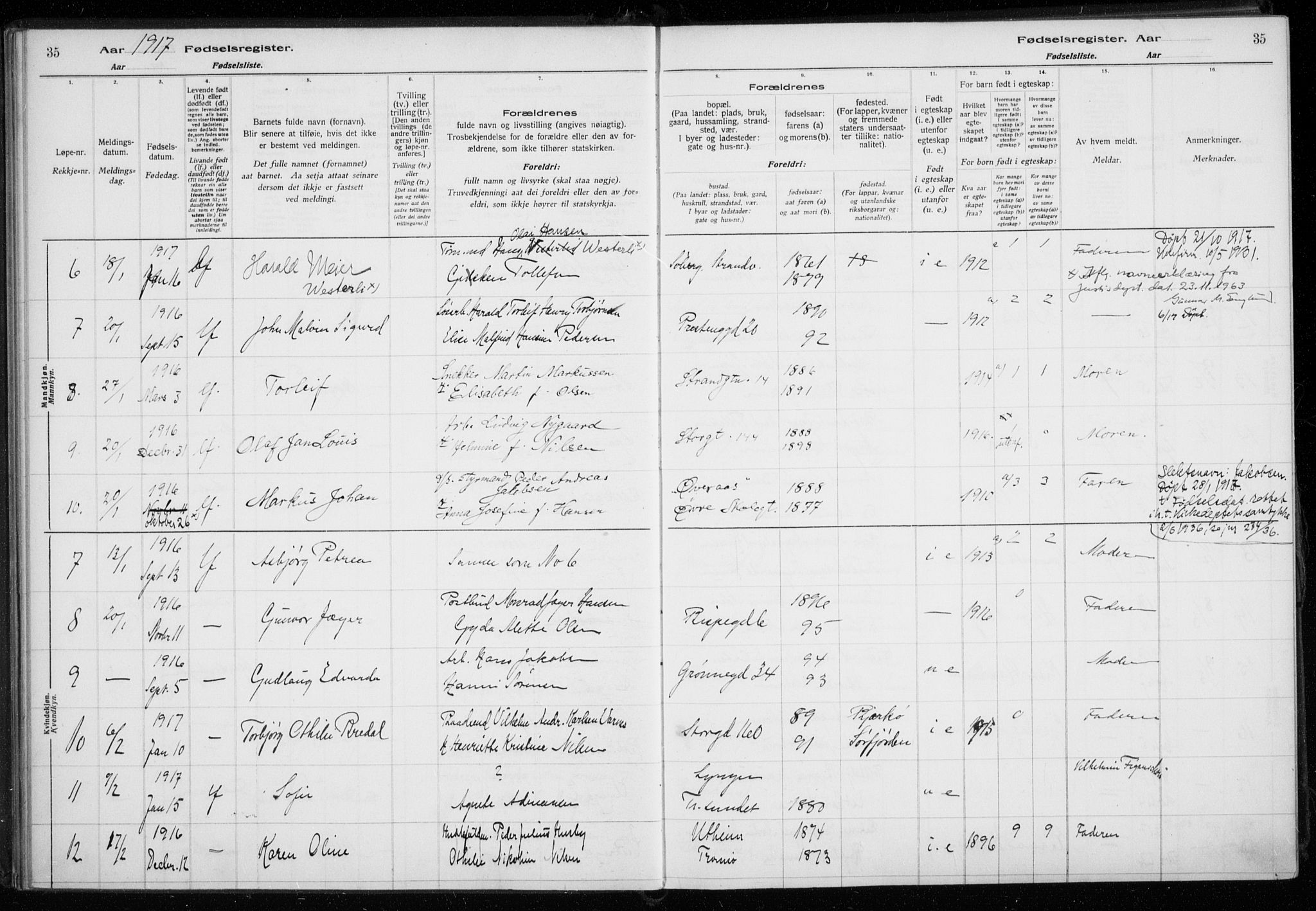 Tromsø sokneprestkontor/stiftsprosti/domprosti, AV/SATØ-S-1343/H/Ha/L0131: Fødselsregister nr. 131, 1916-1921, s. 35