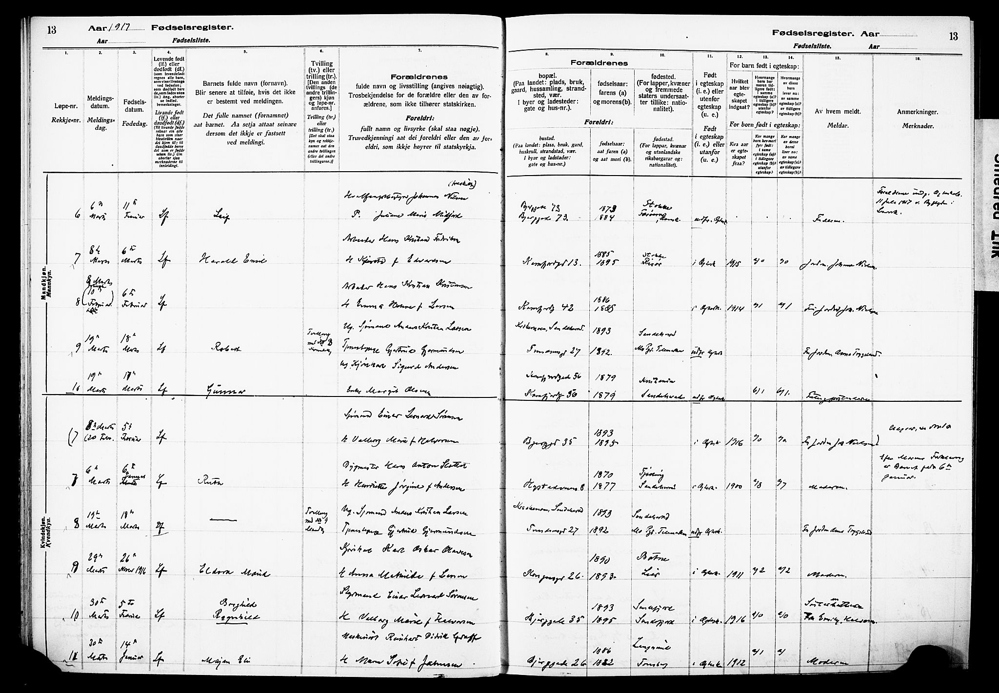 Sandefjord kirkebøker, AV/SAKO-A-315/J/Ja/L0001: Fødselsregister nr. 1, 1916-1932, s. 13