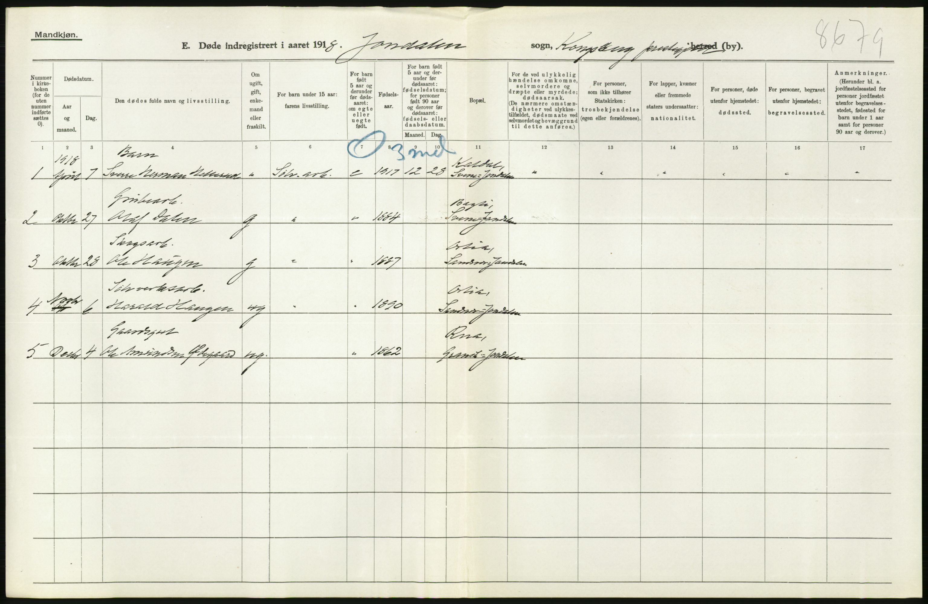Statistisk sentralbyrå, Sosiodemografiske emner, Befolkning, AV/RA-S-2228/D/Df/Dfb/Dfbh/L0020: Buskerud fylke: Døde. Bygder og byer., 1918, s. 28