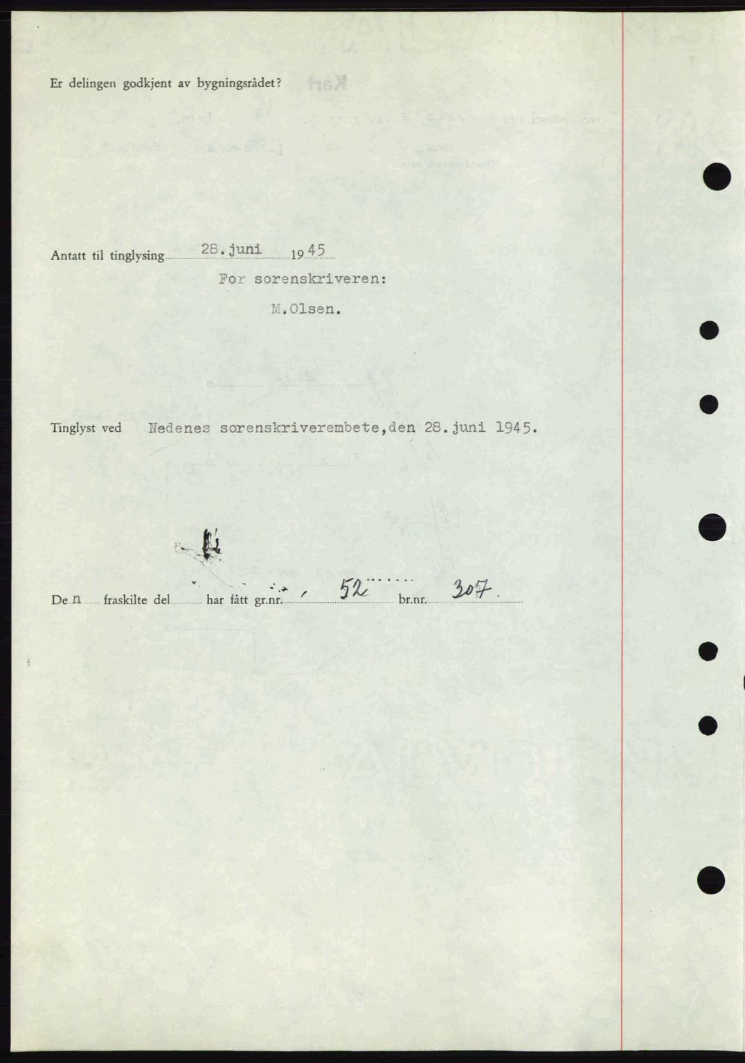 Nedenes sorenskriveri, AV/SAK-1221-0006/G/Gb/Gba/L0052: Pantebok nr. A6a, 1944-1945, Dagboknr: 466/1945