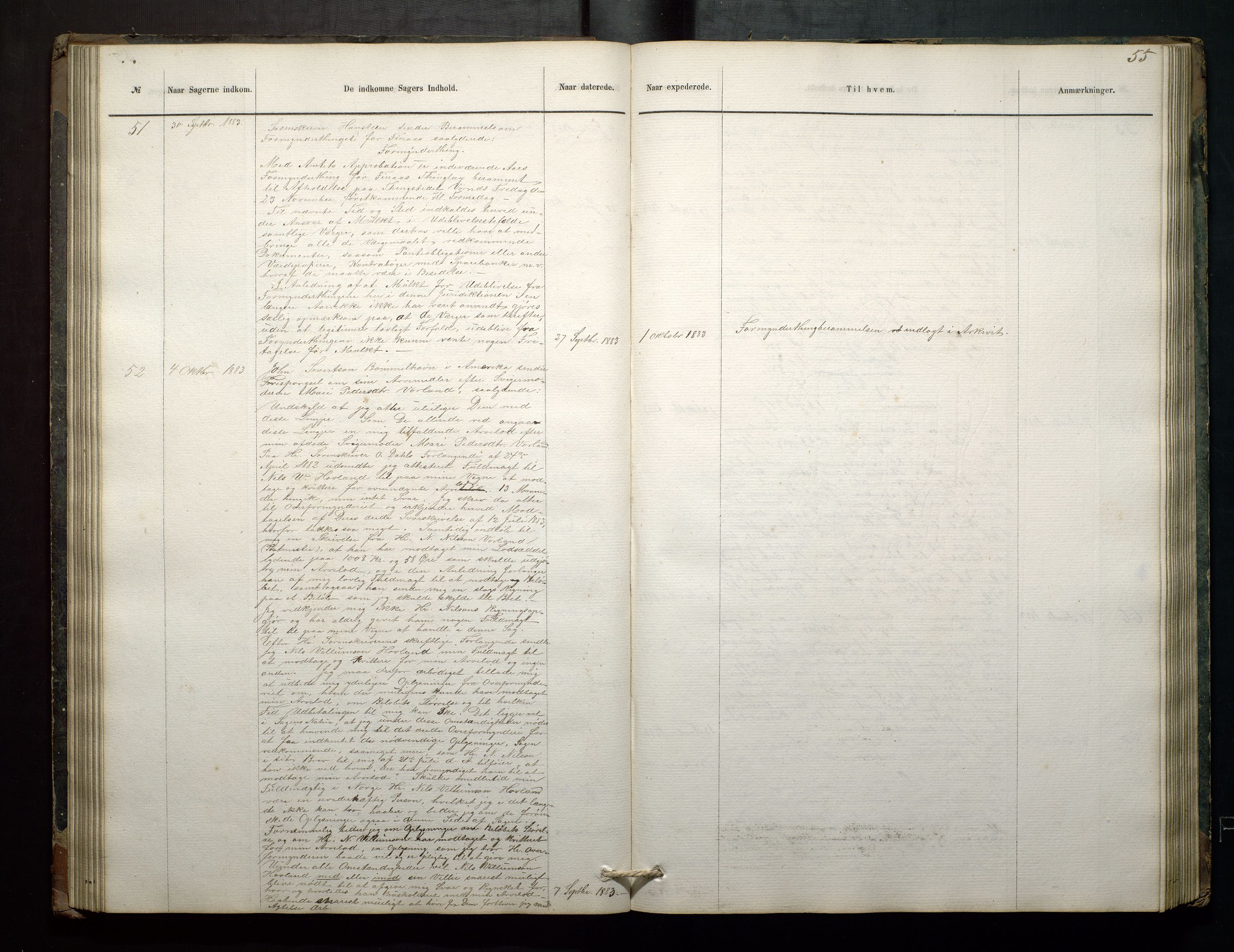 Finnaas kommune. Overformynderiet, IKAH/1218a-812/C/Ca/Caa/L0001: Postjournal for Finnås overformynderi, 1859-1888, s. 55