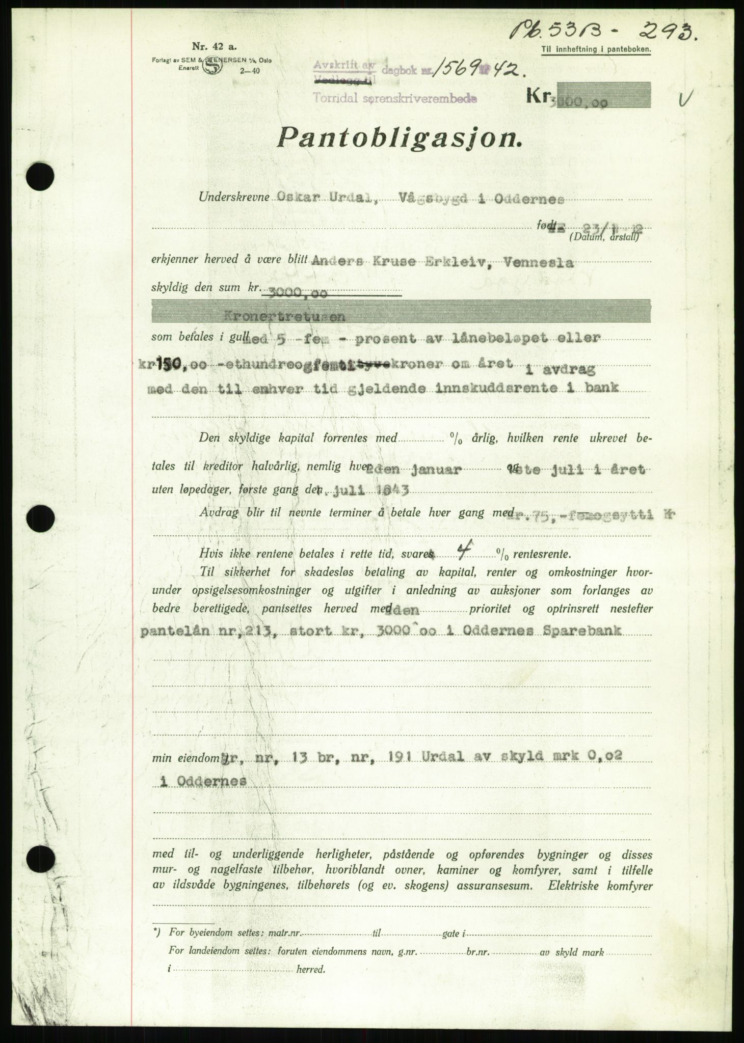 Torridal sorenskriveri, SAK/1221-0012/G/Gb/Gbb/L0009: Pantebok nr. 53b, 1942-1943, Dagboknr: 1569/1942