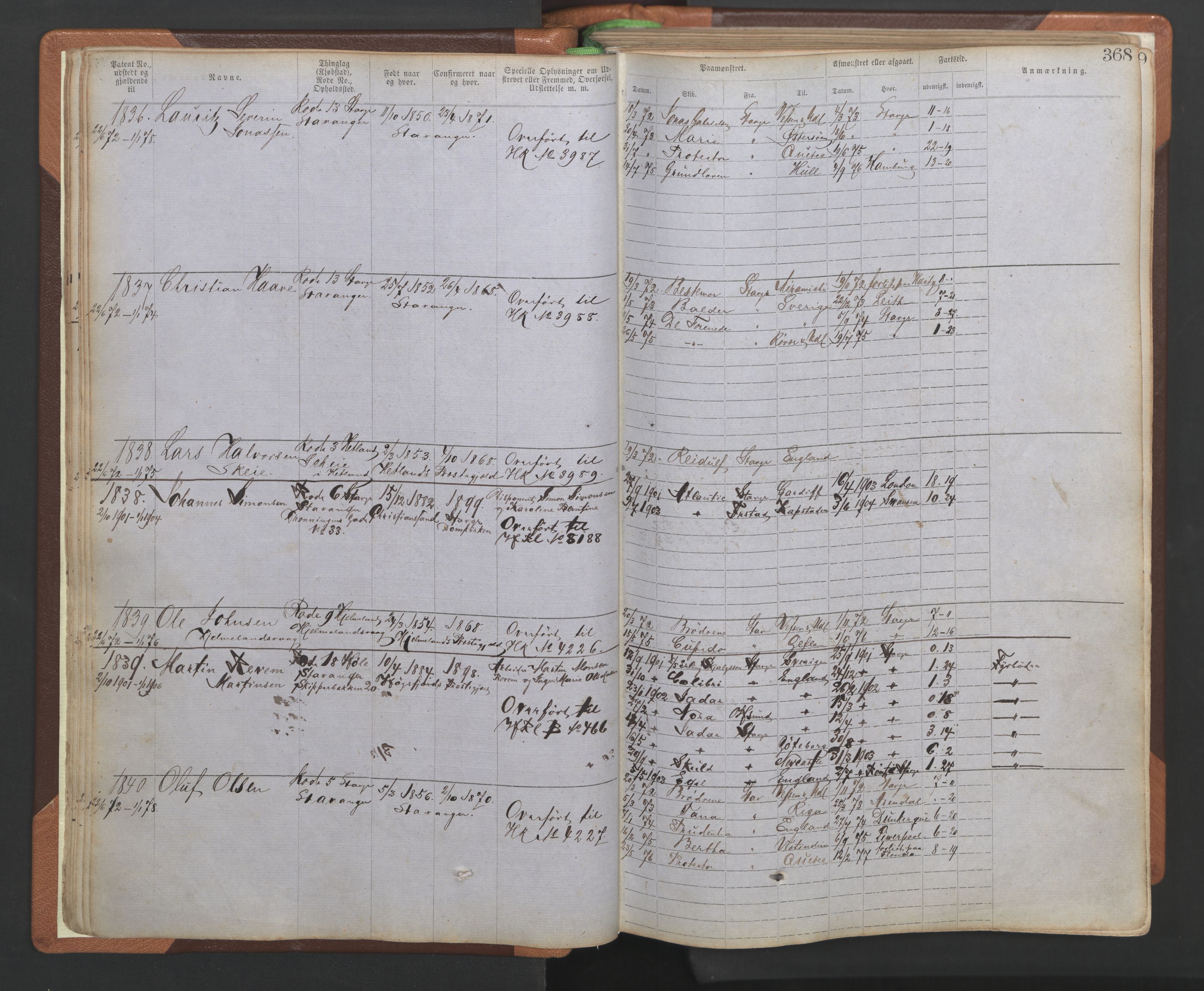 Stavanger sjømannskontor, AV/SAST-A-102006/F/Ff/L0005: Annotasjonsrulle No 1, patentnr. 1786-3585 (del 2), 1872-1900, s. 15