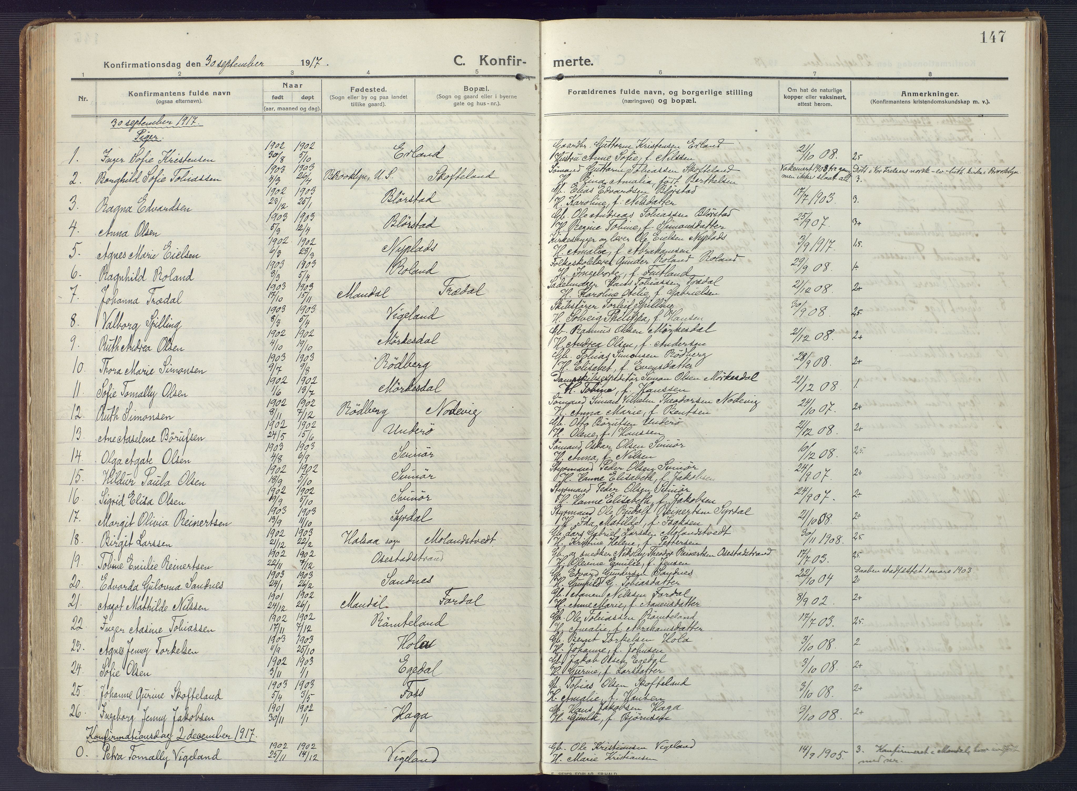 Sør-Audnedal sokneprestkontor, SAK/1111-0039/F/Fa/Fab/L0011: Ministerialbok nr. A 11, 1912-1938, s. 147