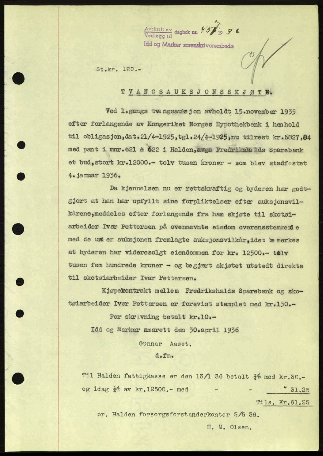 Idd og Marker sorenskriveri, AV/SAO-A-10283/G/Gb/Gbb/L0001: Pantebok nr. A1, 1936-1937, Dagboknr: 457/1936