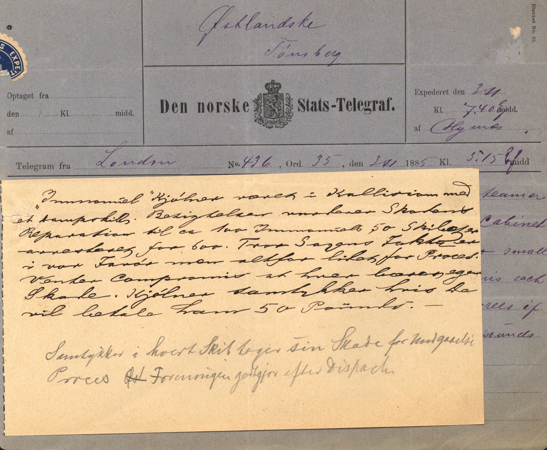 Pa 63 - Østlandske skibsassuranceforening, VEMU/A-1079/G/Ga/L0018/0011: Havaridokumenter / Bertha, Bonita, Immanuel, Th. Thoresen, India, 1885, s. 36