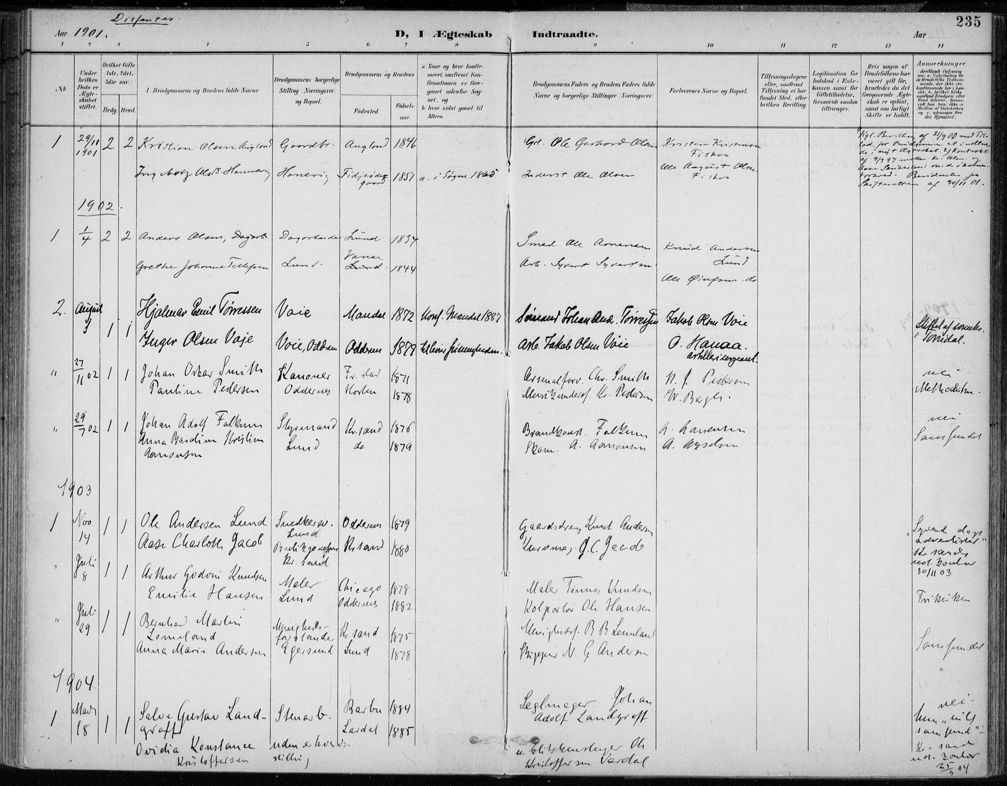 Oddernes sokneprestkontor, SAK/1111-0033/F/Fa/Faa/L0010: Ministerialbok nr. A 10, 1897-1911, s. 235