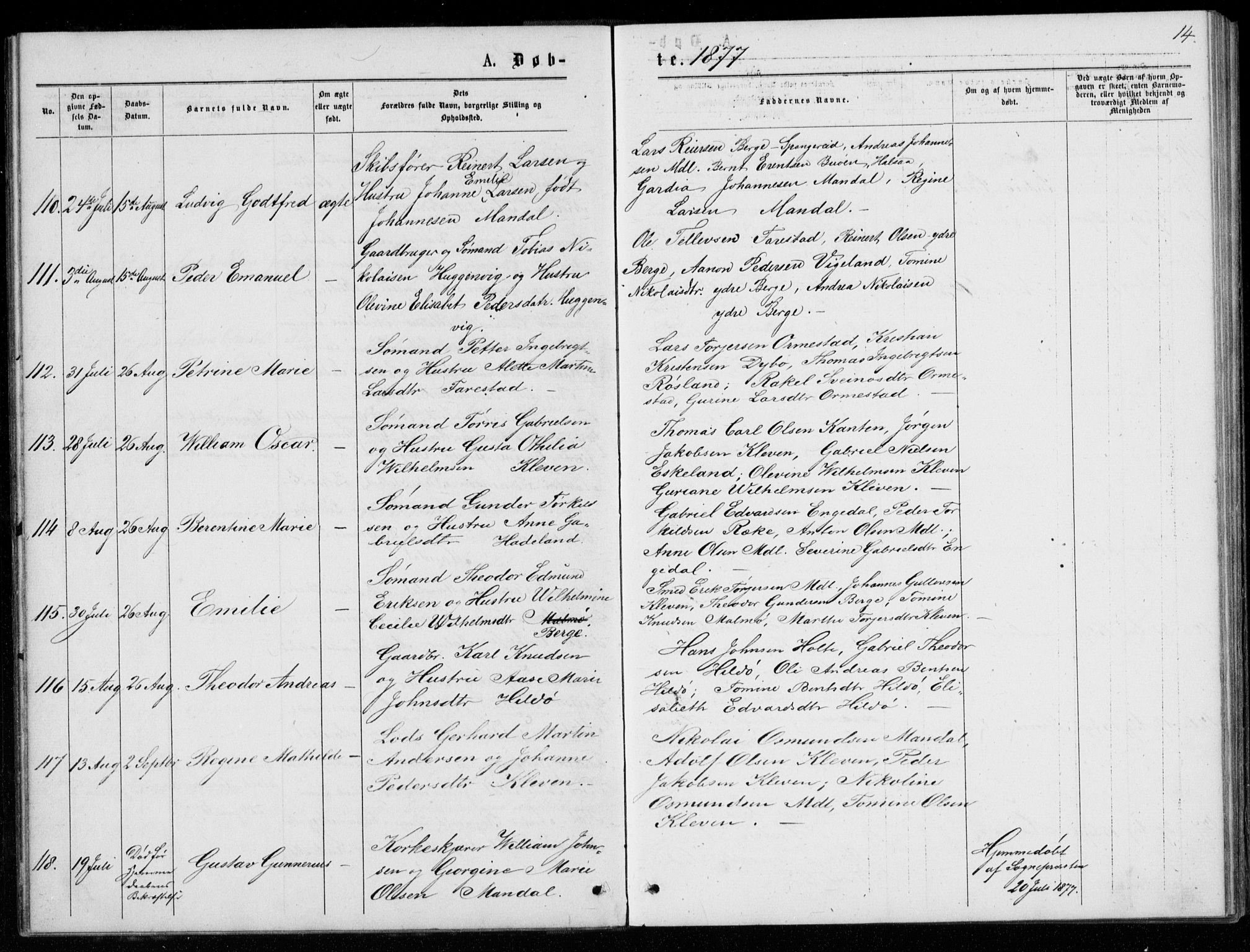 Mandal sokneprestkontor, AV/SAK-1111-0030/F/Fb/Fba/L0010: Klokkerbok nr. B 4, 1876-1880, s. 14