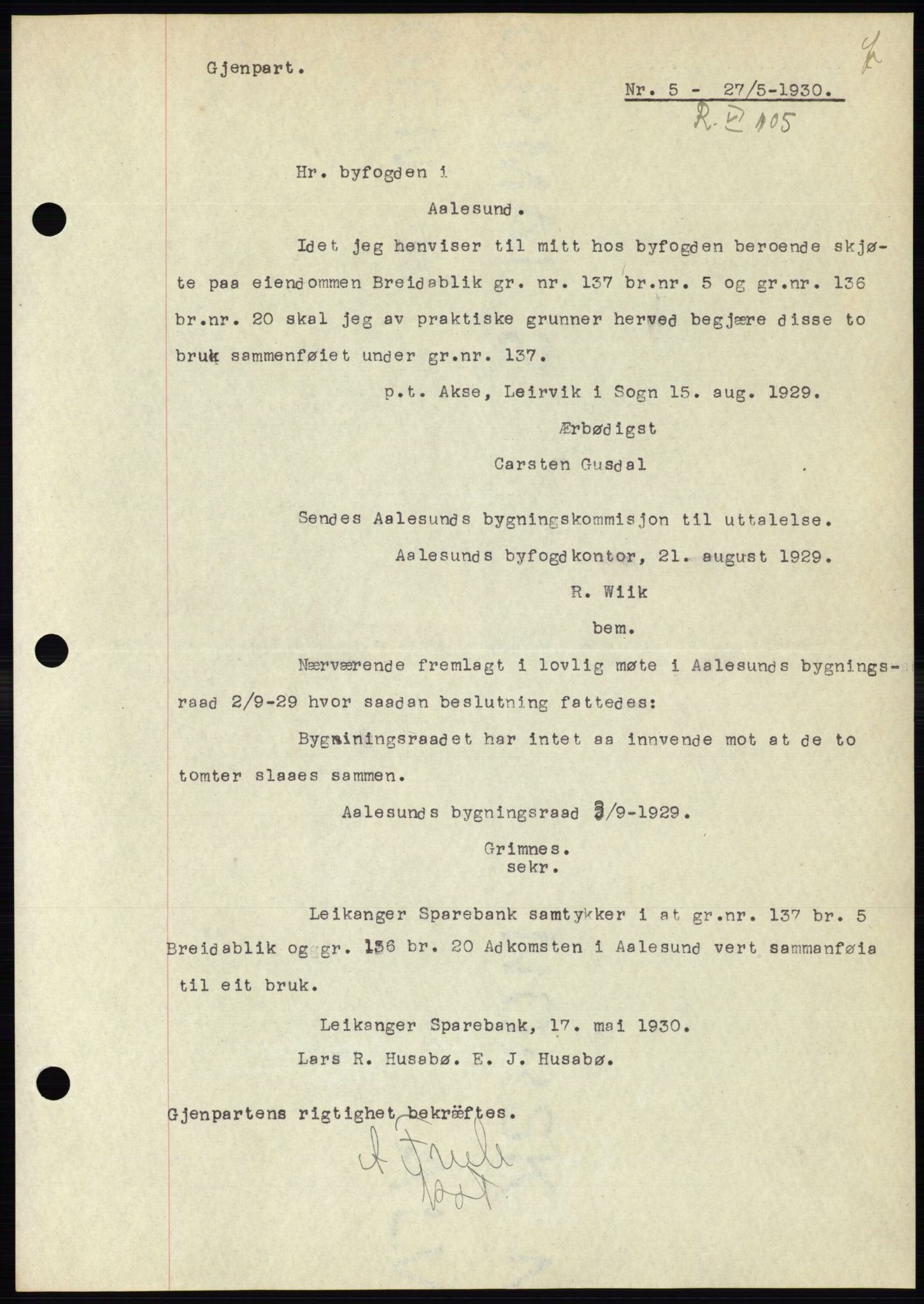 Ålesund byfogd, AV/SAT-A-4384: Pantebok nr. 26, 1930-1930, Tingl.dato: 27.05.1930