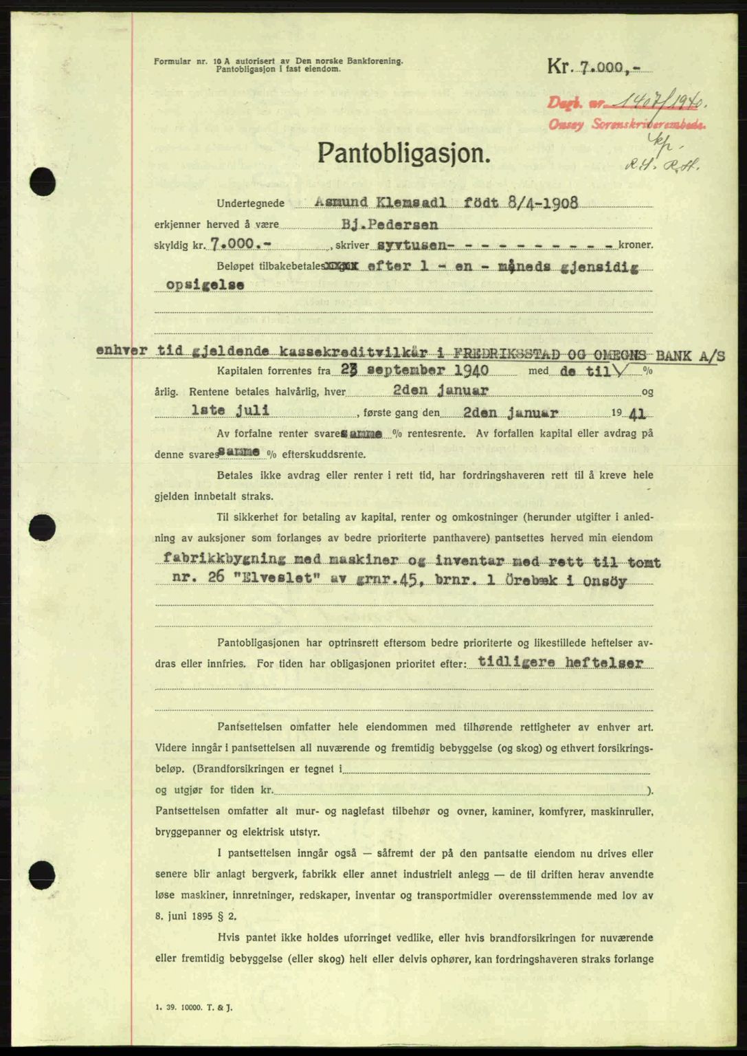 Onsøy sorenskriveri, SAO/A-10474/G/Ga/Gac/L0003: Pantebok nr. B3, 1940-1944, Dagboknr: 1407/1940