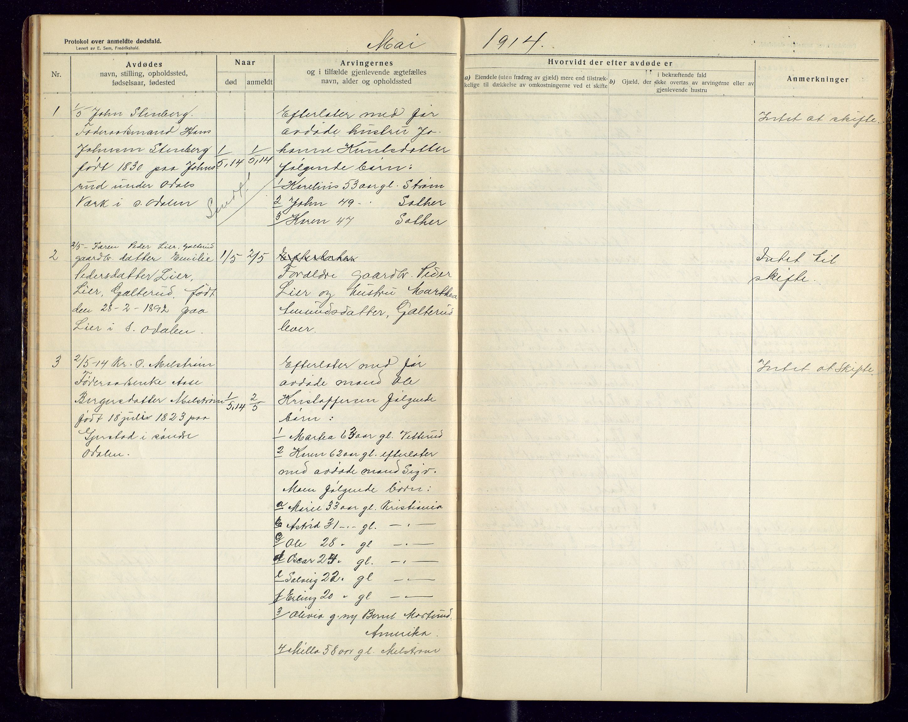 Sør-Odal lensmannskontor, SAH/LHS-022/H/Hb/L0002/0001: Protokoller over anmeldte dødsfall / Protokoll over anmeldte dødsfall, 1913-1915