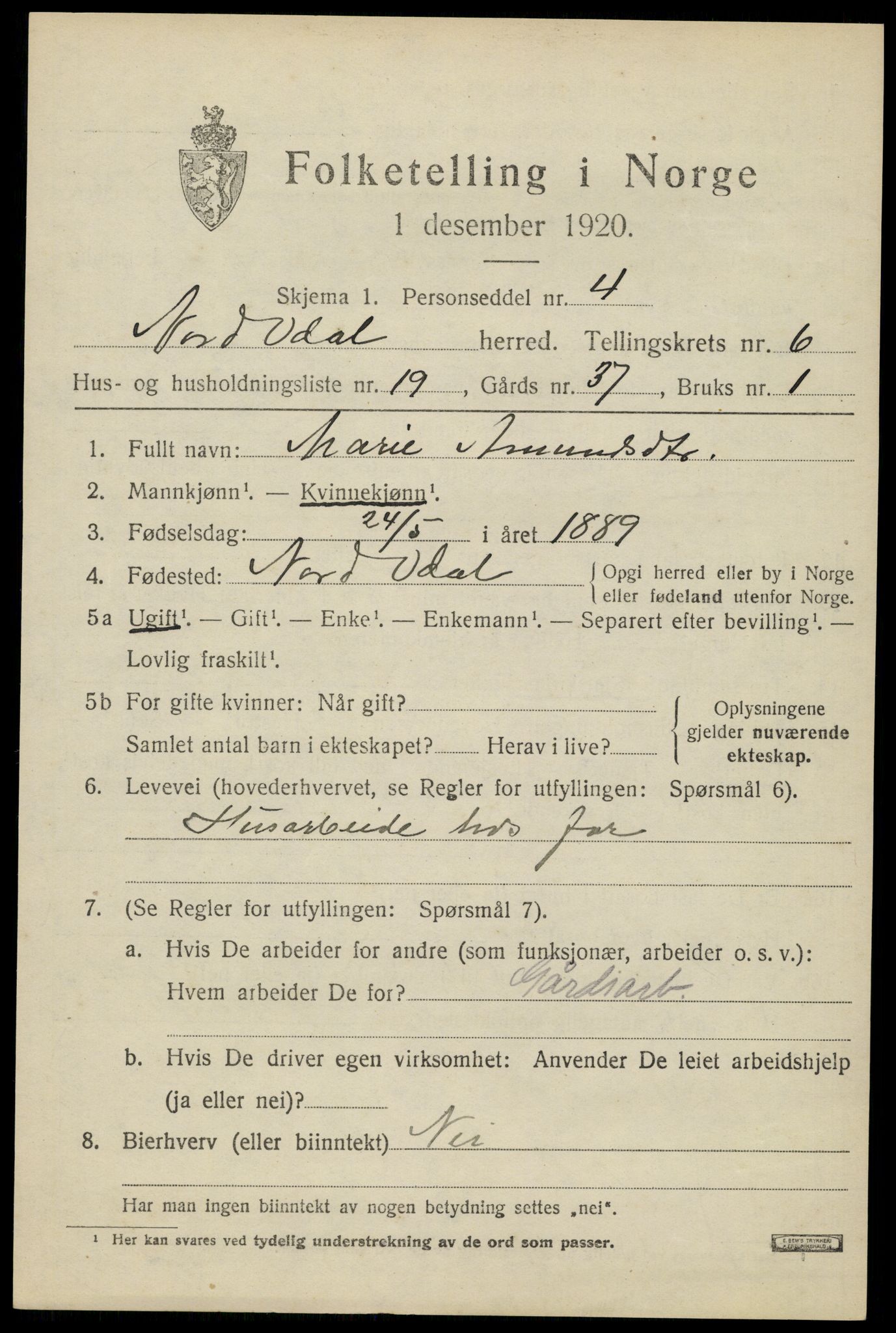 SAH, Folketelling 1920 for 0418 Nord-Odal herred, 1920, s. 6827