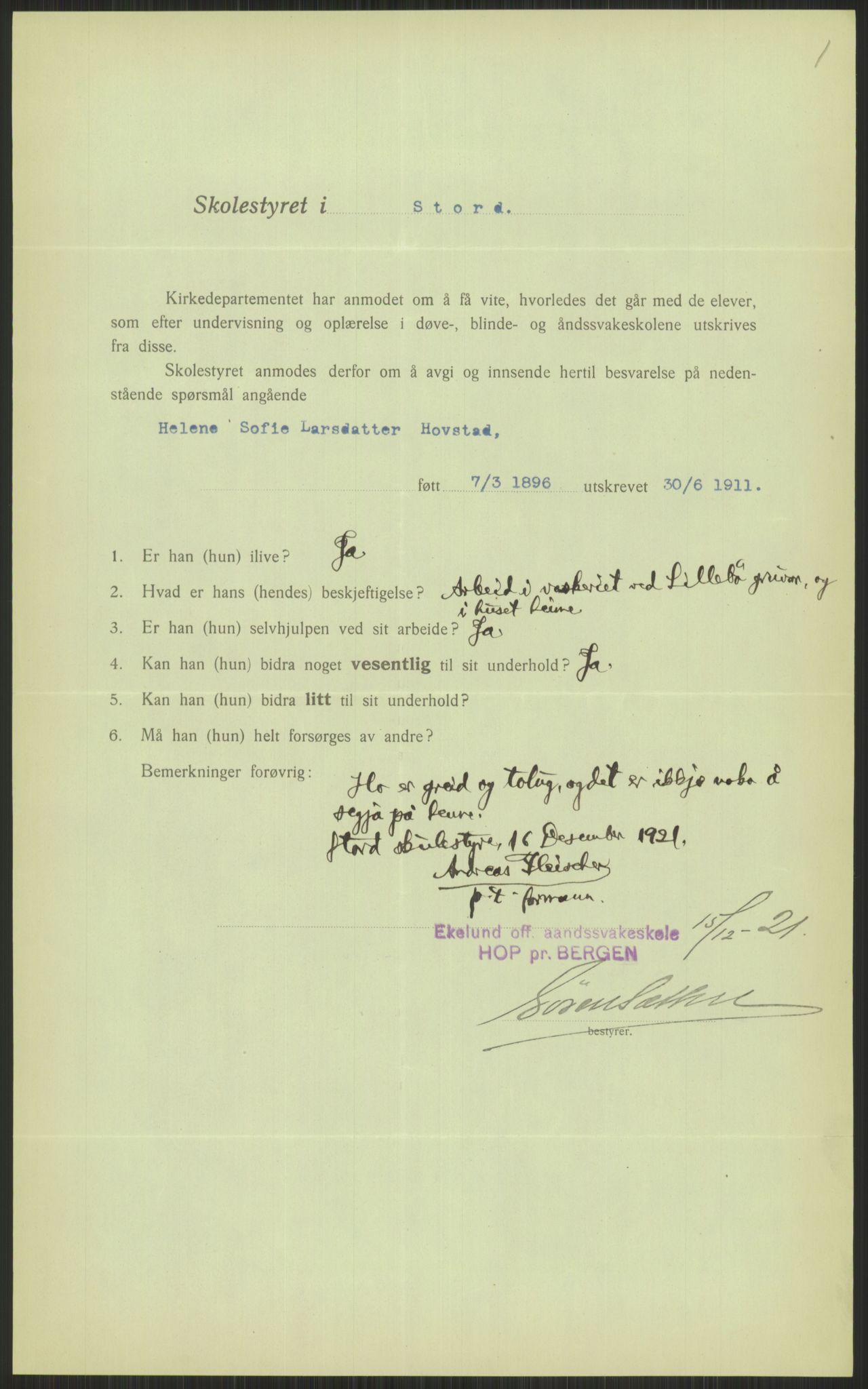 Kirke- og undervisningsdepartementet, 1. skolekontor D, AV/RA-S-1021/F/Fh/Fhl/L0044: Hvor blir det av elevene?, 1911-1921, s. 435