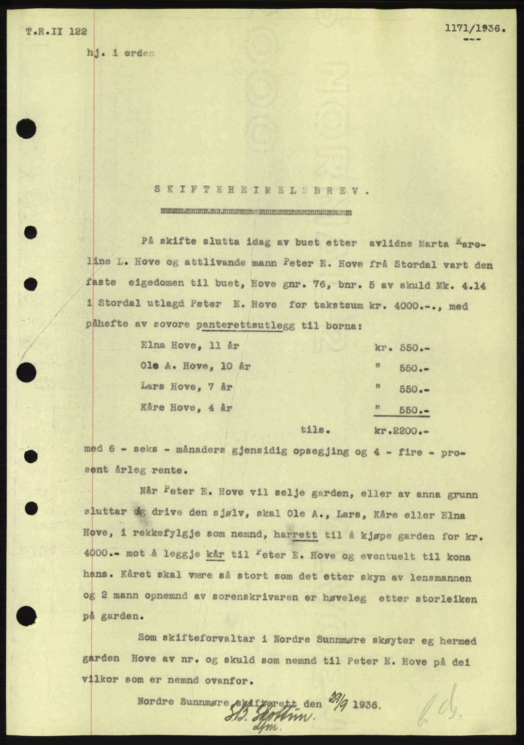 Nordre Sunnmøre sorenskriveri, AV/SAT-A-0006/1/2/2C/2Ca: Pantebok nr. A1, 1936-1936, Dagboknr: 1171/1936