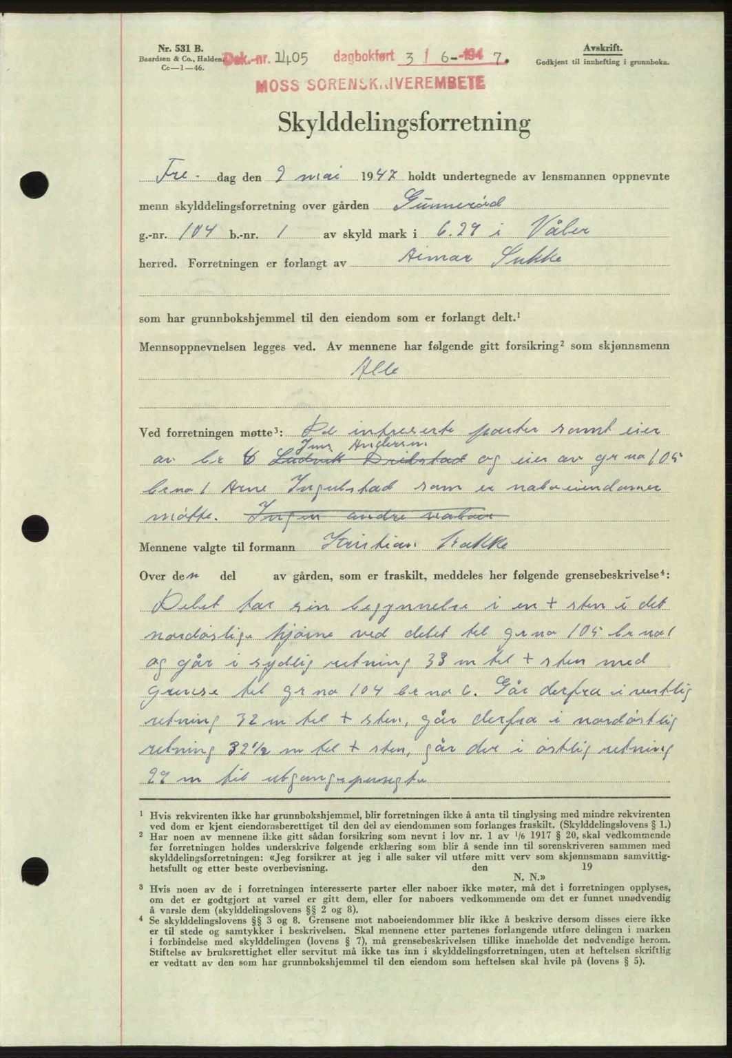 Moss sorenskriveri, SAO/A-10168: Pantebok nr. A17, 1947-1947, Dagboknr: 1405/1947