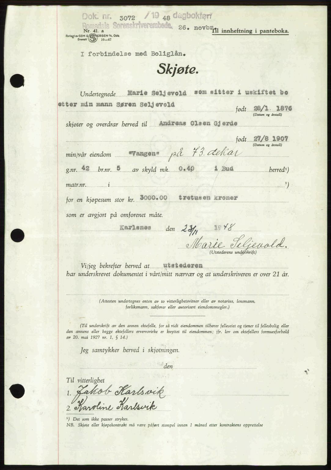 Romsdal sorenskriveri, SAT/A-4149/1/2/2C: Pantebok nr. A27, 1948-1948, Dagboknr: 3072/1948