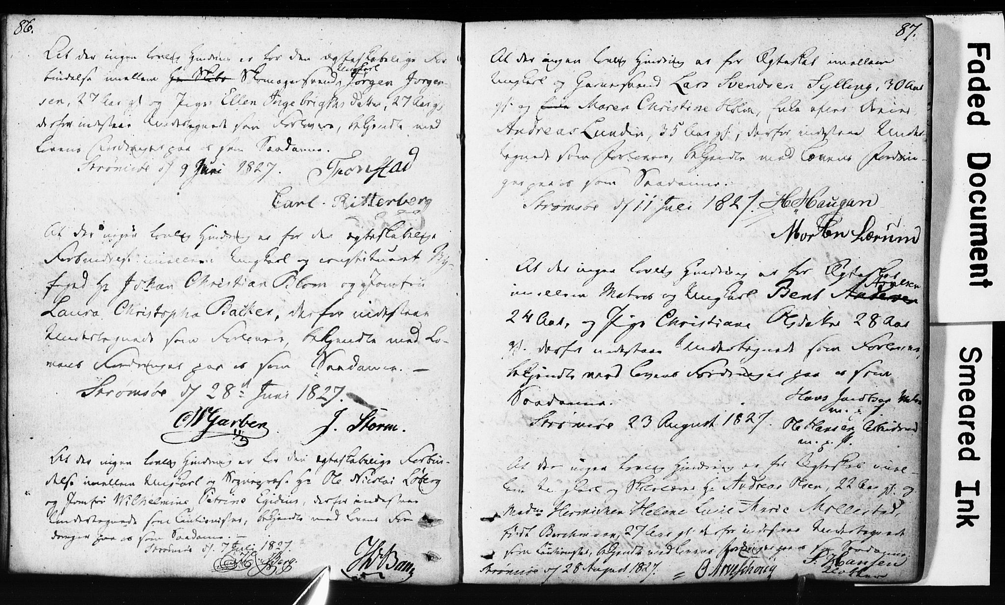 Strømsø kirkebøker, SAKO/A-246/H/Hb/L0002: Forlovererklæringer nr. 2, 1815-1857, s. 86-87