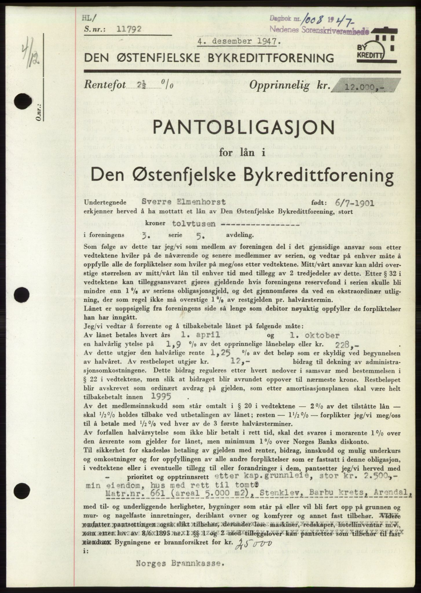 Arendal byfogd, SAK/1222-0001/G/Gb/Gbb/L0004: Pantebok nr. B3, 1947-1948, Dagboknr: 1008/1947