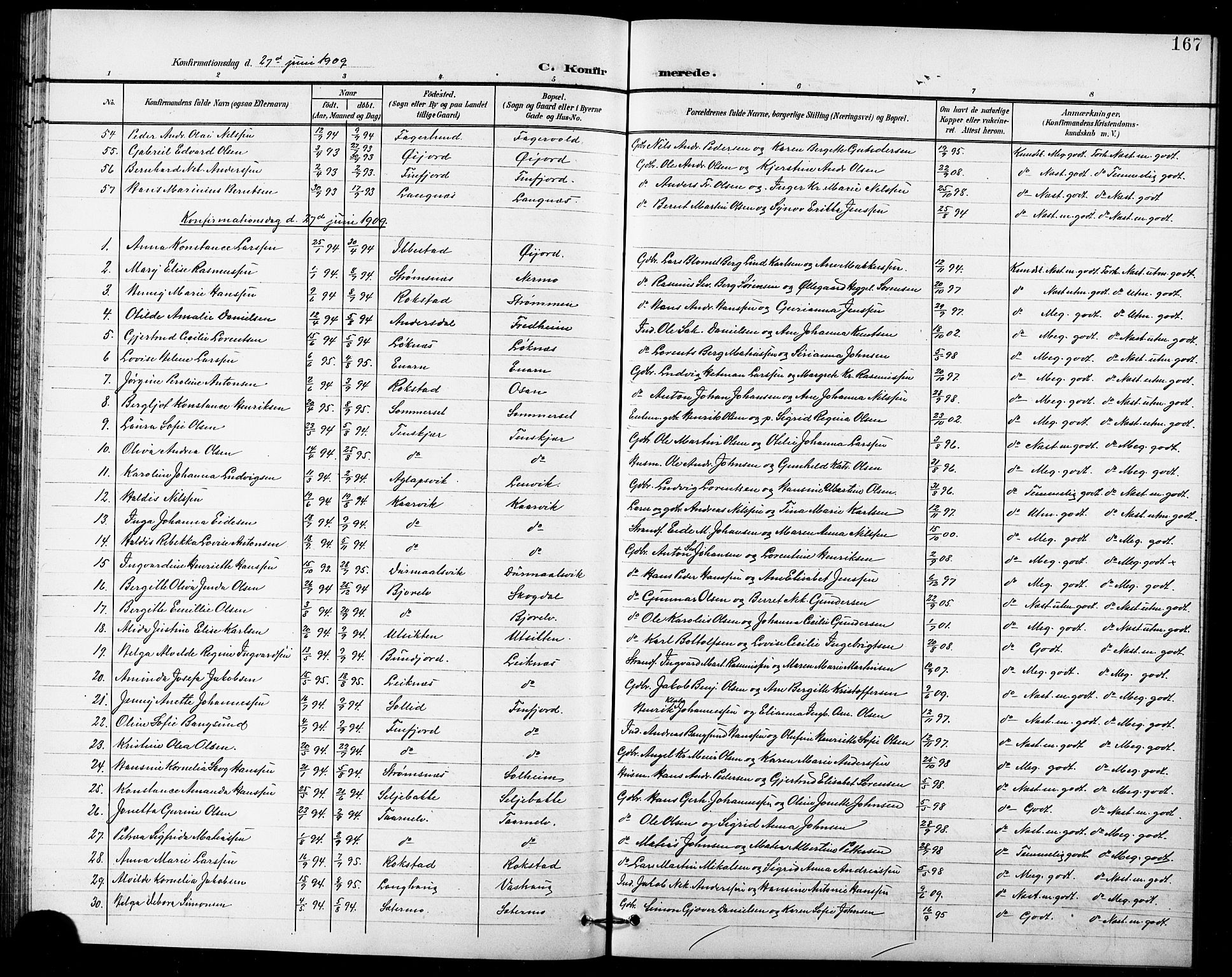 Lenvik sokneprestembete, AV/SATØ-S-1310/H/Ha/Hab/L0008klokker: Klokkerbok nr. 8, 1899-1911, s. 167