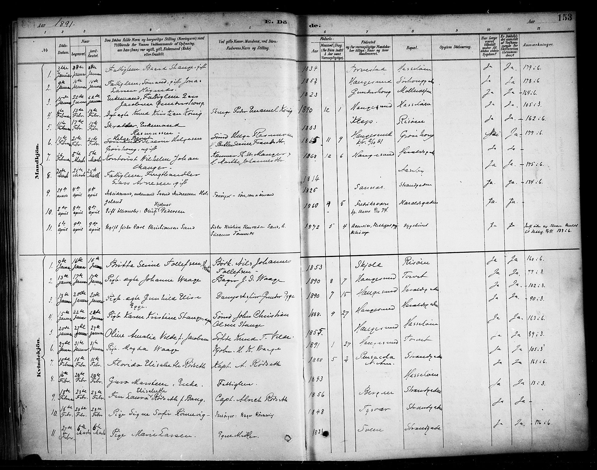 Haugesund sokneprestkontor, AV/SAST-A -101863/H/Ha/Haa/L0005: Ministerialbok nr. A 5, 1891-1903, s. 153