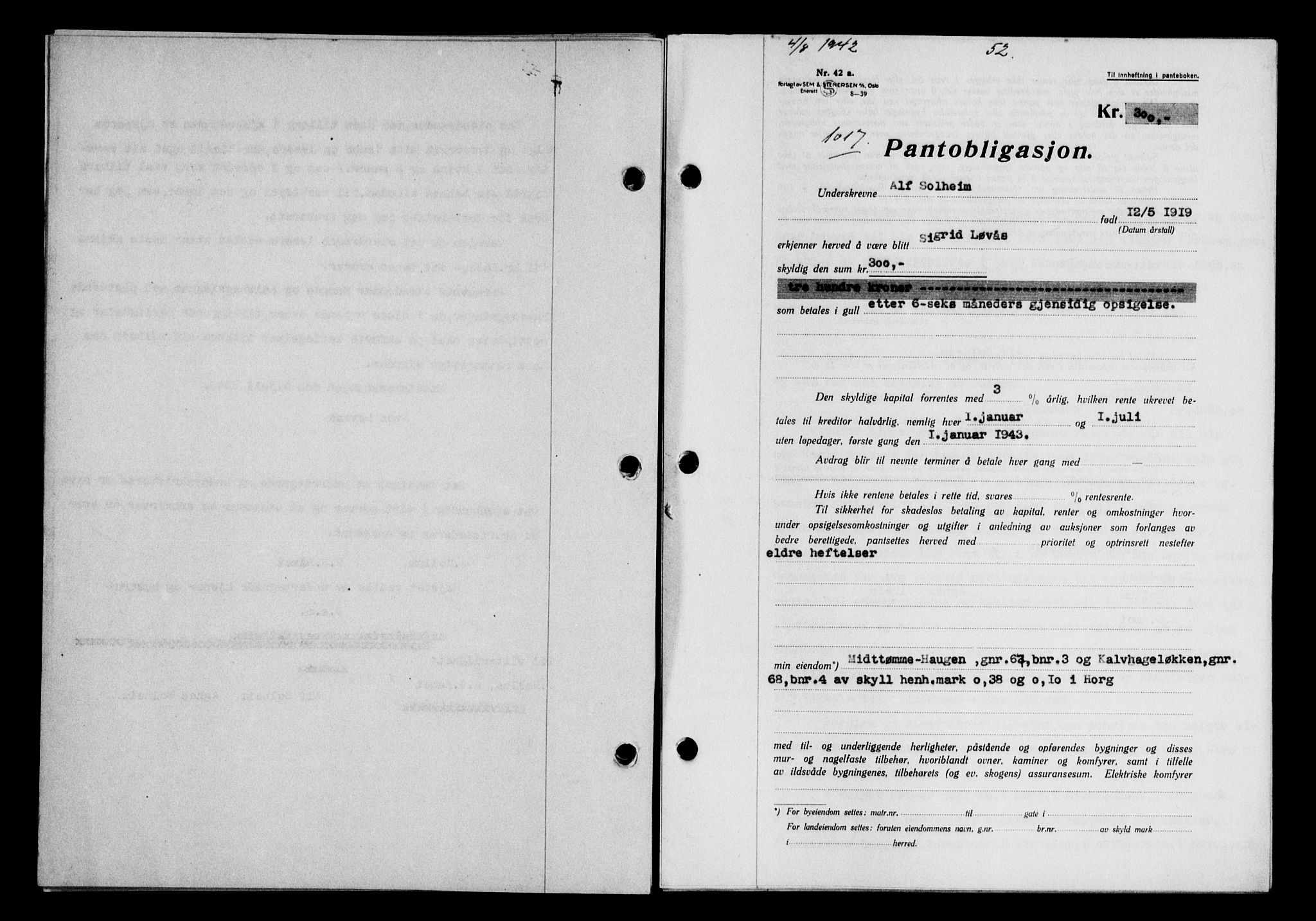Gauldal sorenskriveri, SAT/A-0014/1/2/2C/L0055: Pantebok nr. 60, 1942-1942, Dagboknr: 1017/1942