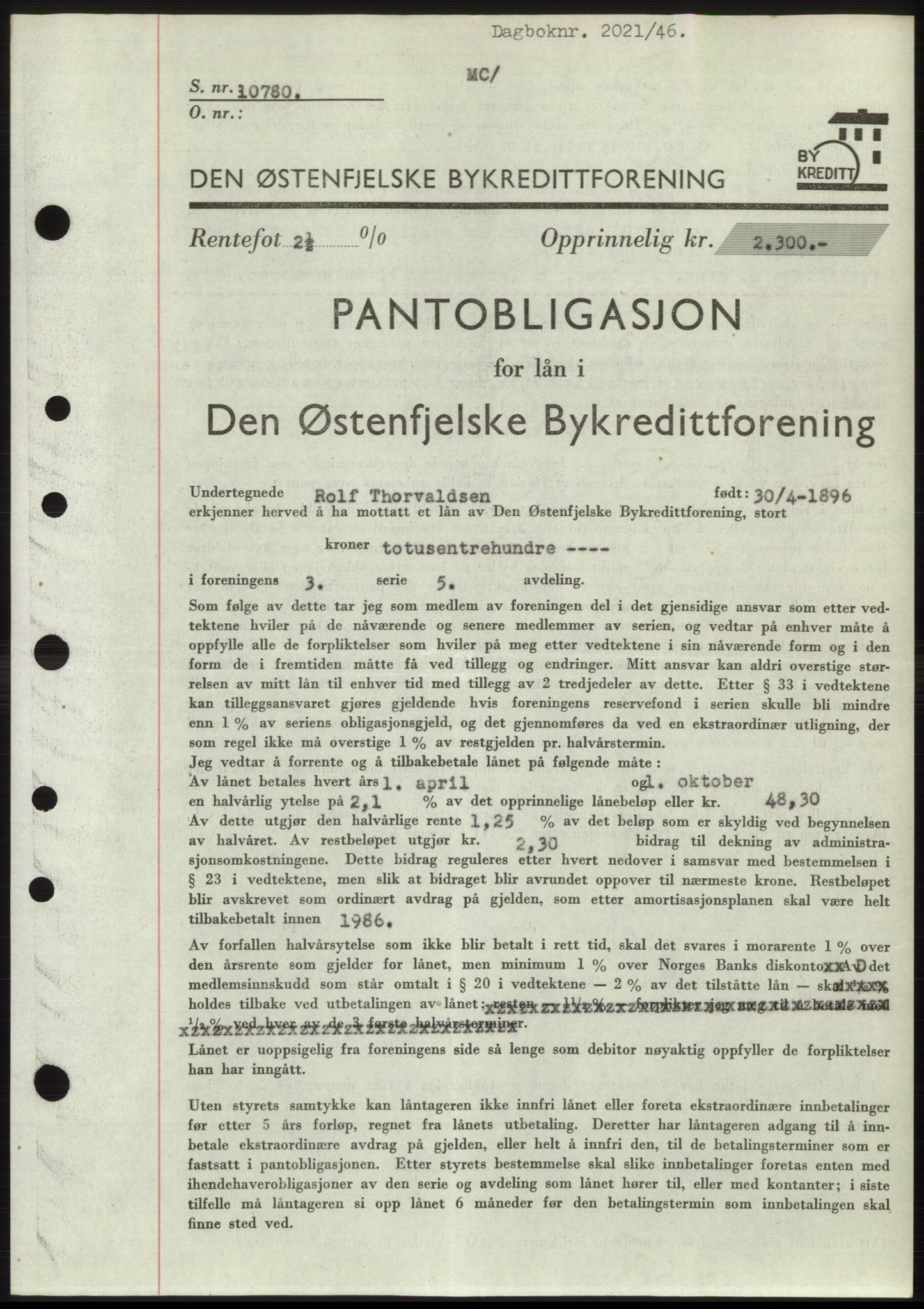 Moss sorenskriveri, SAO/A-10168: Pantebok nr. B15, 1946-1946, Dagboknr: 2021/1946