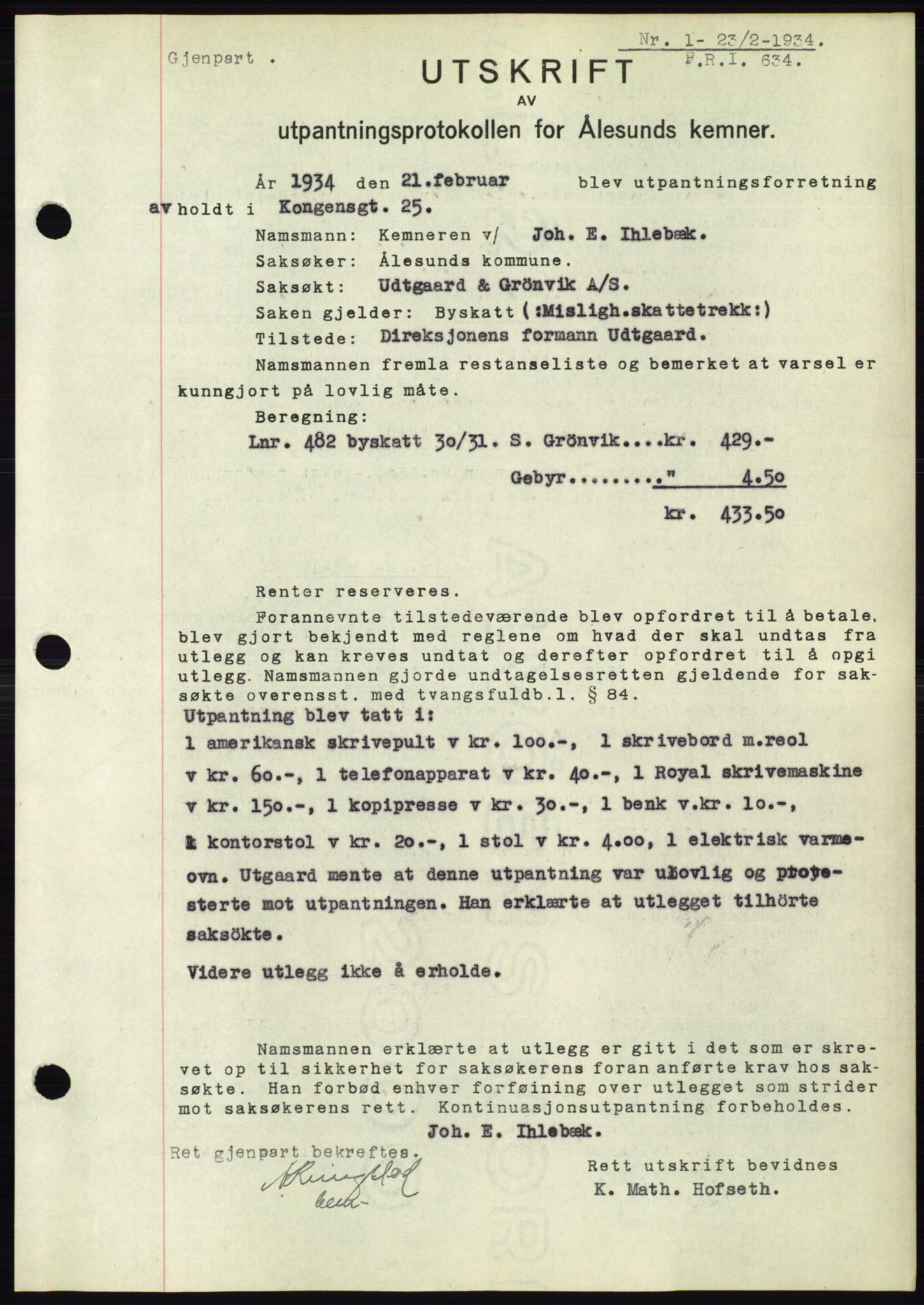 Ålesund byfogd, AV/SAT-A-4384: Pantebok nr. 31, 1933-1934, Tingl.dato: 23.02.1934