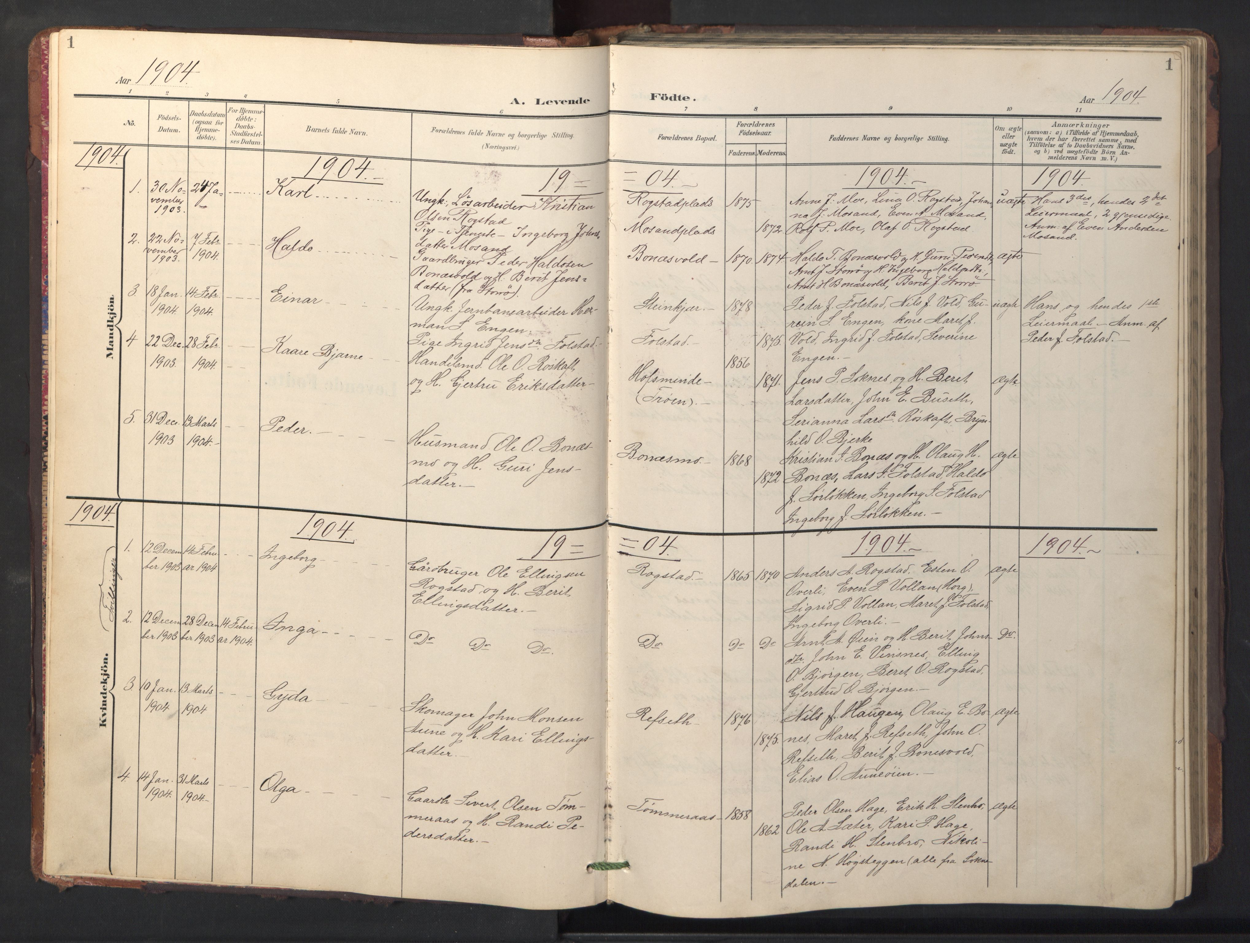 Ministerialprotokoller, klokkerbøker og fødselsregistre - Sør-Trøndelag, AV/SAT-A-1456/687/L1019: Klokkerbok nr. 687C03, 1904-1931, s. 1