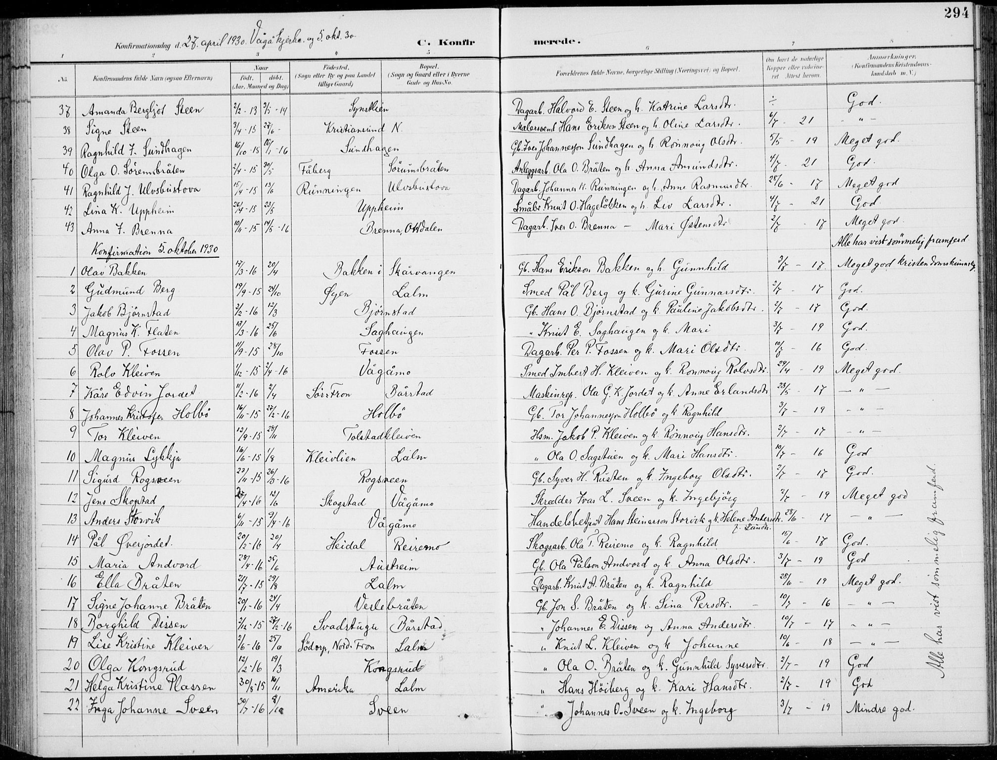 Vågå prestekontor, AV/SAH-PREST-076/H/Ha/Hab/L0002: Klokkerbok nr. 2, 1894-1939, s. 294