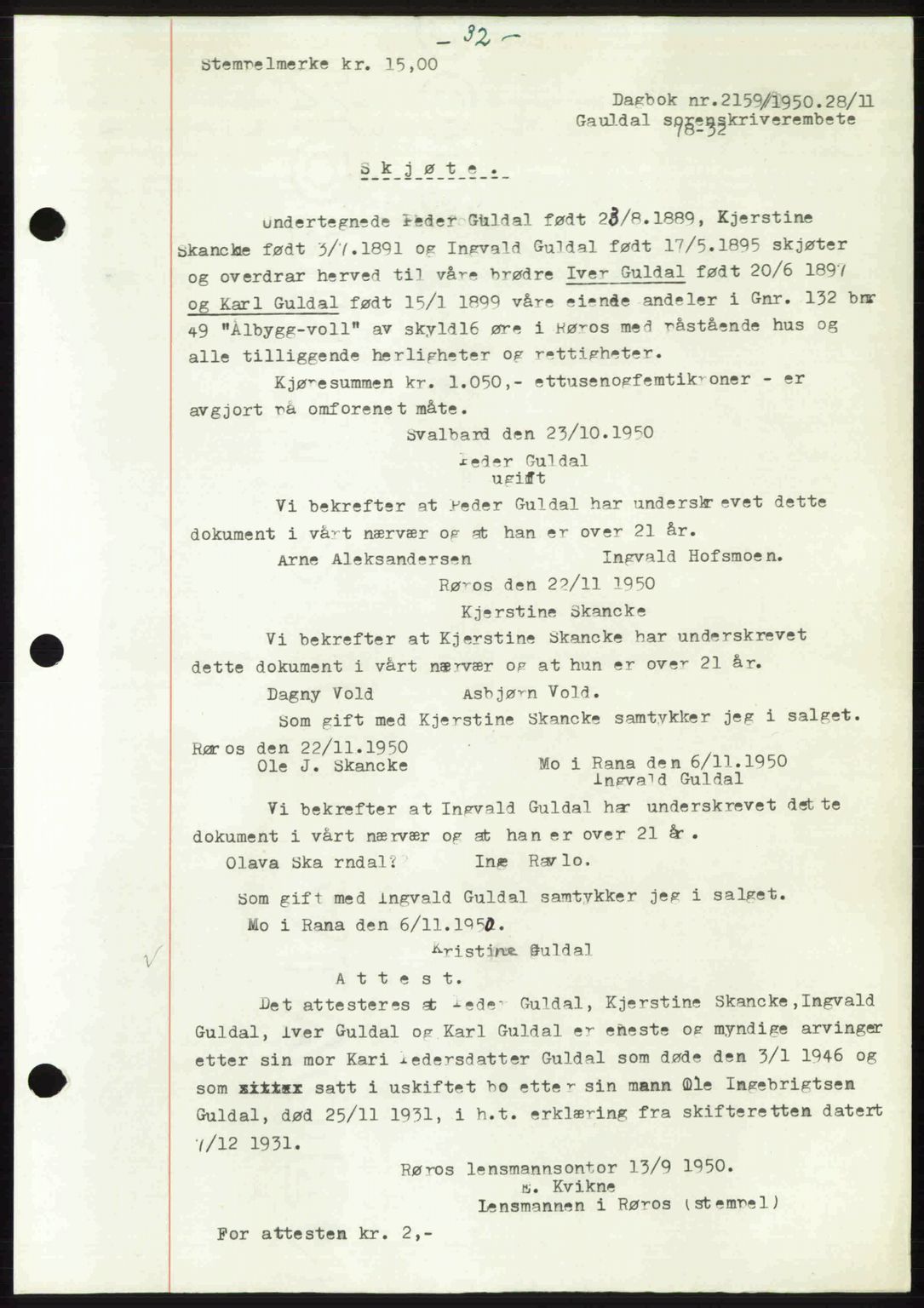 Gauldal sorenskriveri, SAT/A-0014/1/2/2C: Pantebok nr. A11, 1950-1950, Dagboknr: 2159/1950
