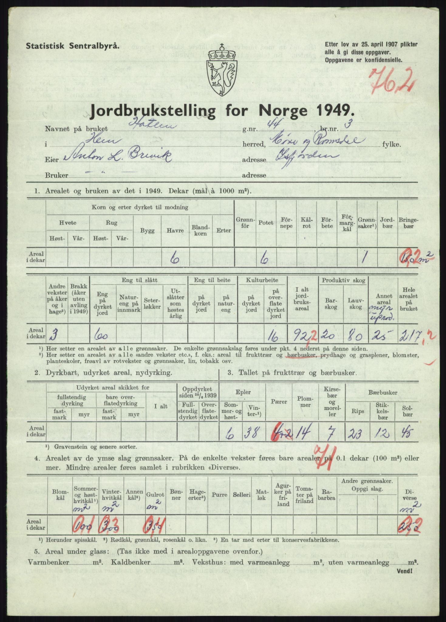 Statistisk sentralbyrå, Næringsøkonomiske emner, Jordbruk, skogbruk, jakt, fiske og fangst, AV/RA-S-2234/G/Gc/L0323: Møre og Romsdal: Grytten og Hen, 1949, s. 821
