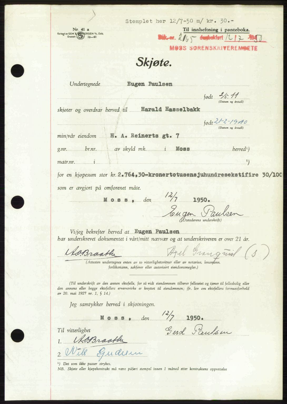 Moss sorenskriveri, SAO/A-10168: Pantebok nr. A26, 1950-1950, Dagboknr: 2165/1950