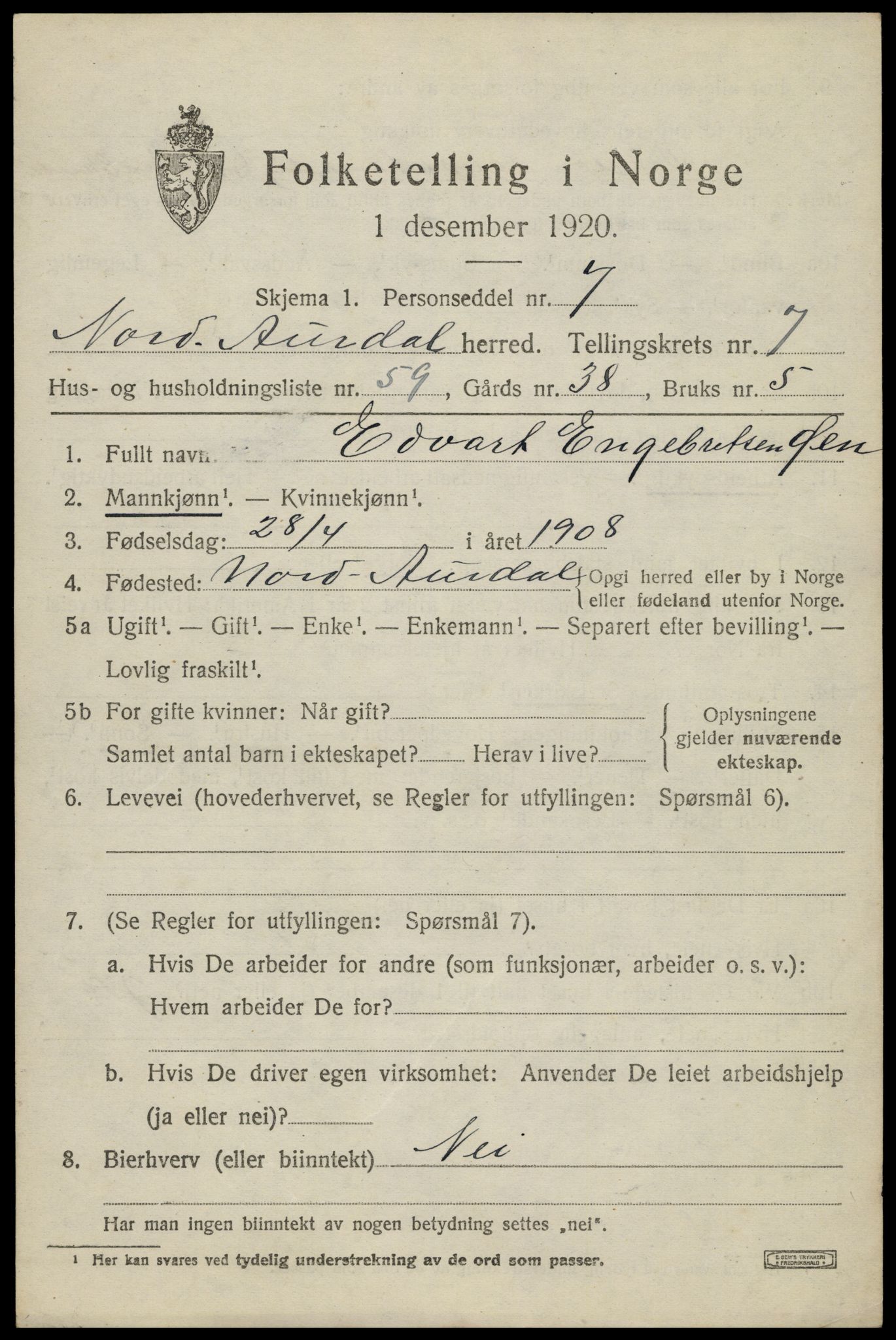 SAH, Folketelling 1920 for 0542 Nord-Aurdal herred, 1920, s. 6656