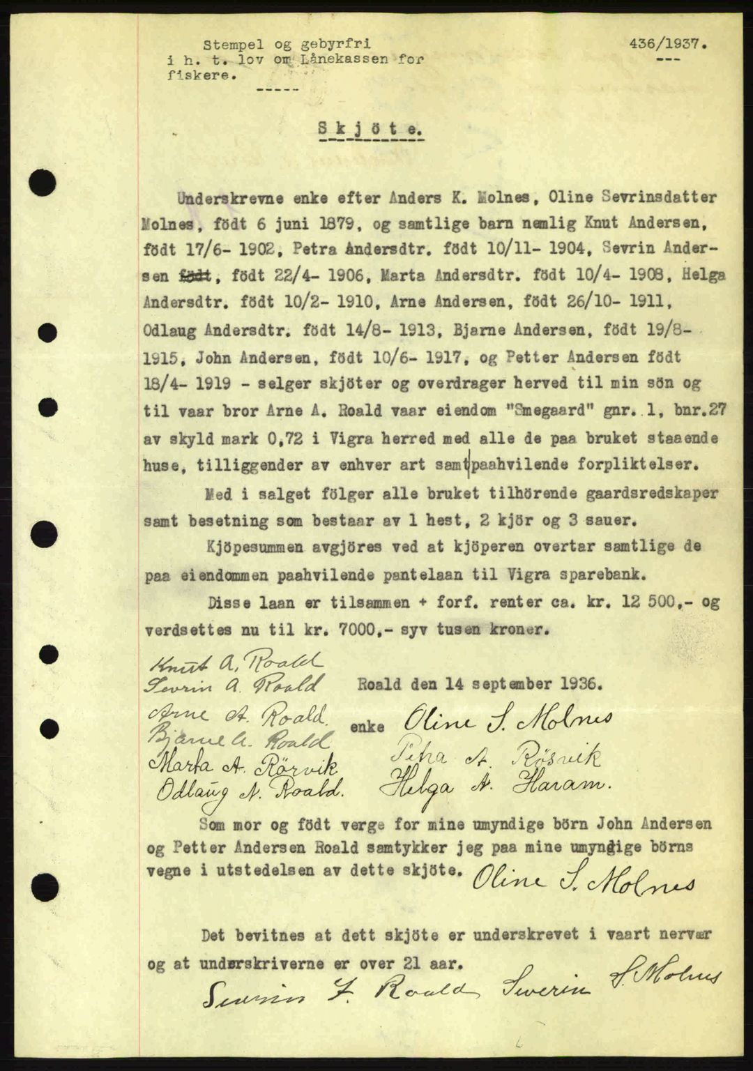 Nordre Sunnmøre sorenskriveri, SAT/A-0006/1/2/2C/2Ca: Pantebok nr. A2, 1936-1937, Dagboknr: 436/1937