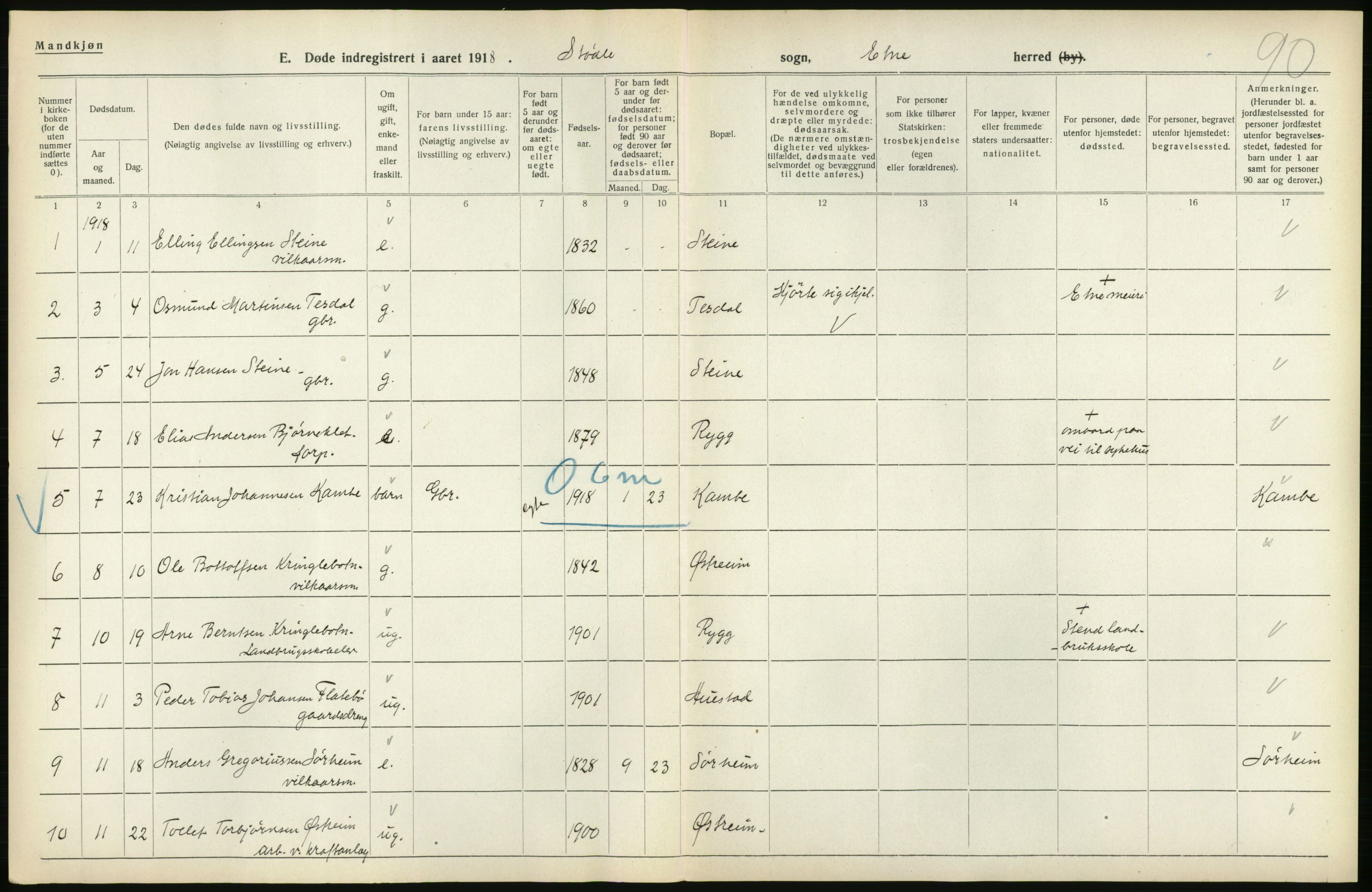 Statistisk sentralbyrå, Sosiodemografiske emner, Befolkning, AV/RA-S-2228/D/Df/Dfb/Dfbh/L0036: Hordaland fylke: Døde., 1918, s. 32