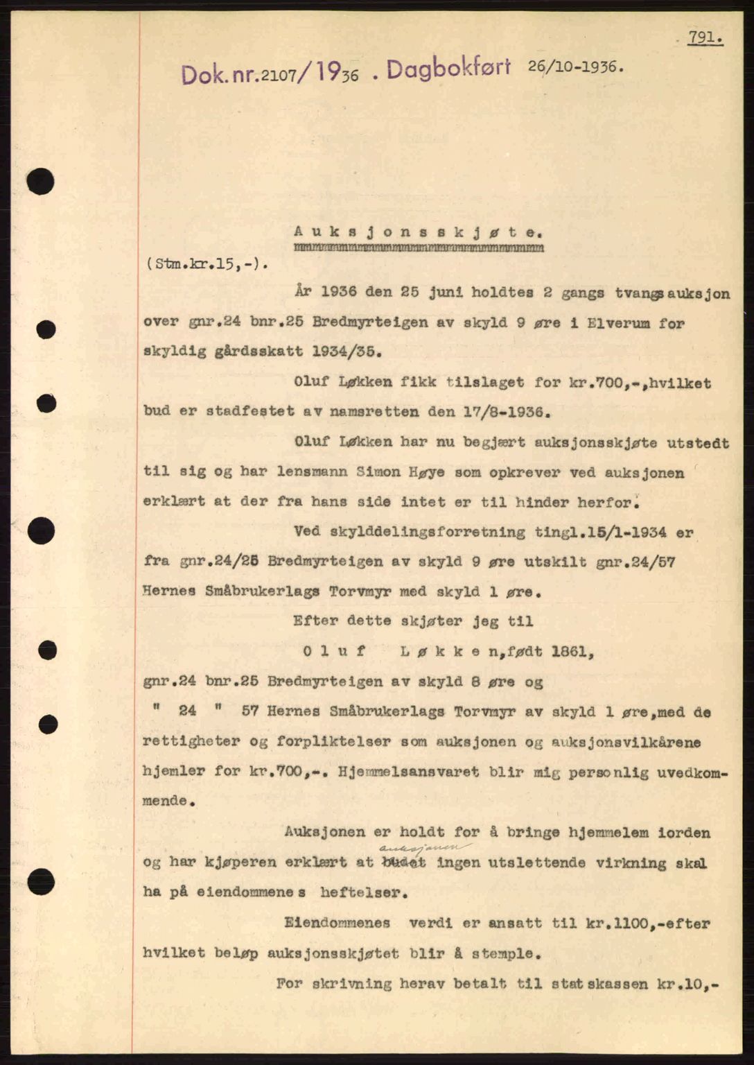 Sør-Østerdal sorenskriveri, SAH/TING-018/H/Hb/Hbb/L0054: Pantebok nr. A54, 1936-1936, Dagboknr: 2107/1936