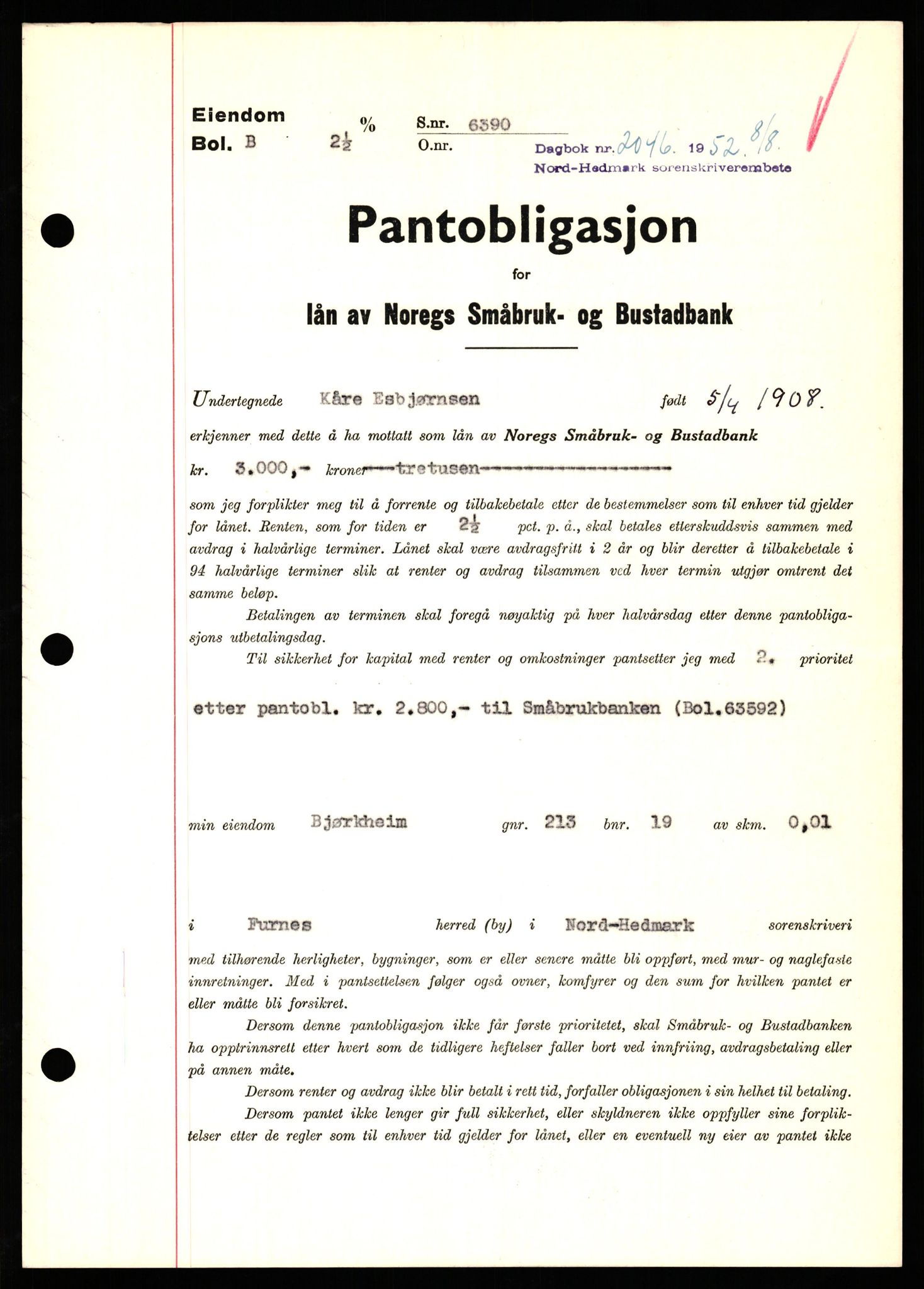 Nord-Hedmark sorenskriveri, SAH/TING-012/H/Hb/Hbf/L0025: Pantebok nr. B25, 1952-1952, Dagboknr: 2046/1952