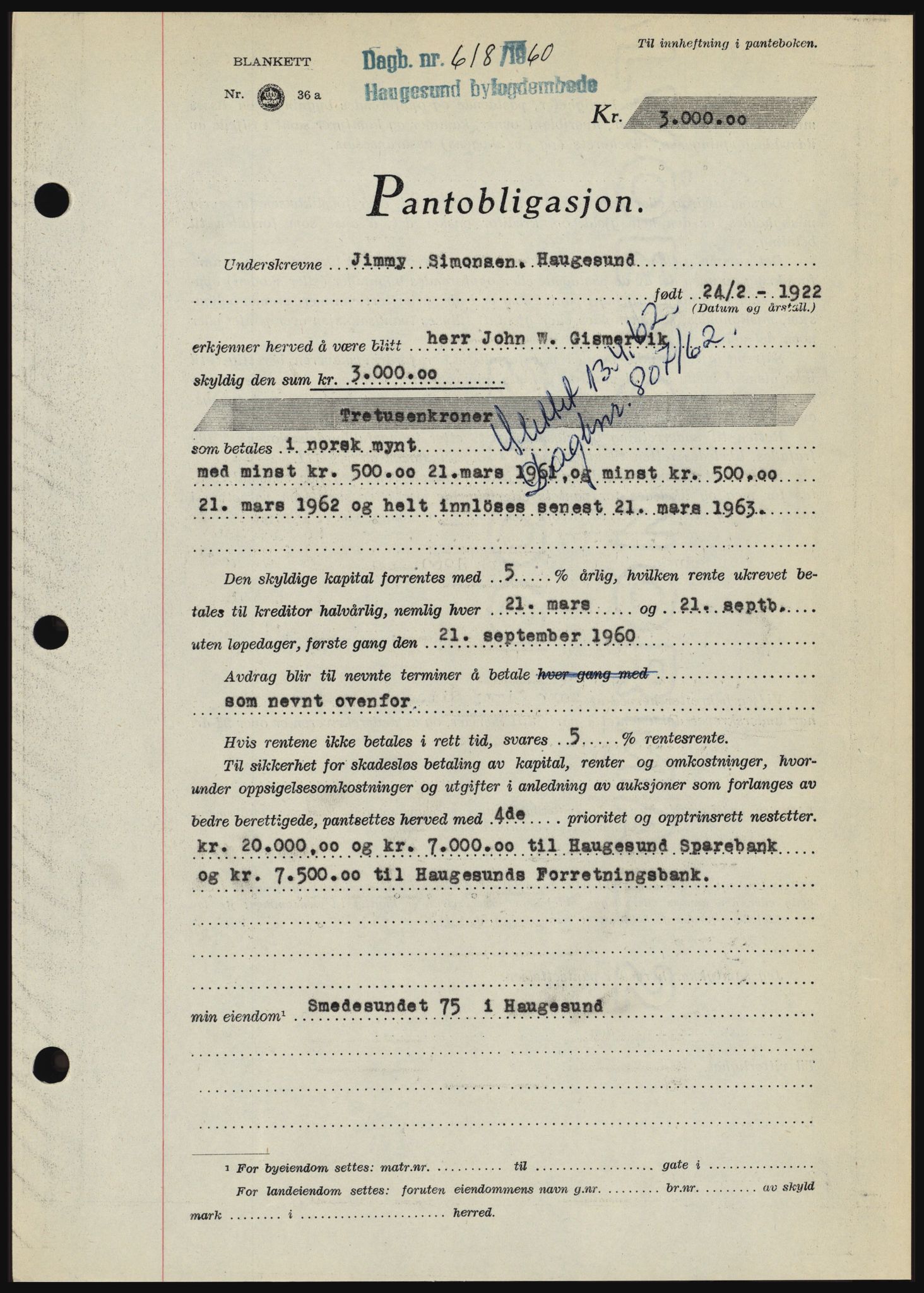 Haugesund tingrett, SAST/A-101415/01/II/IIC/L0046: Pantebok nr. B 46, 1960-1960, Dagboknr: 618/1960