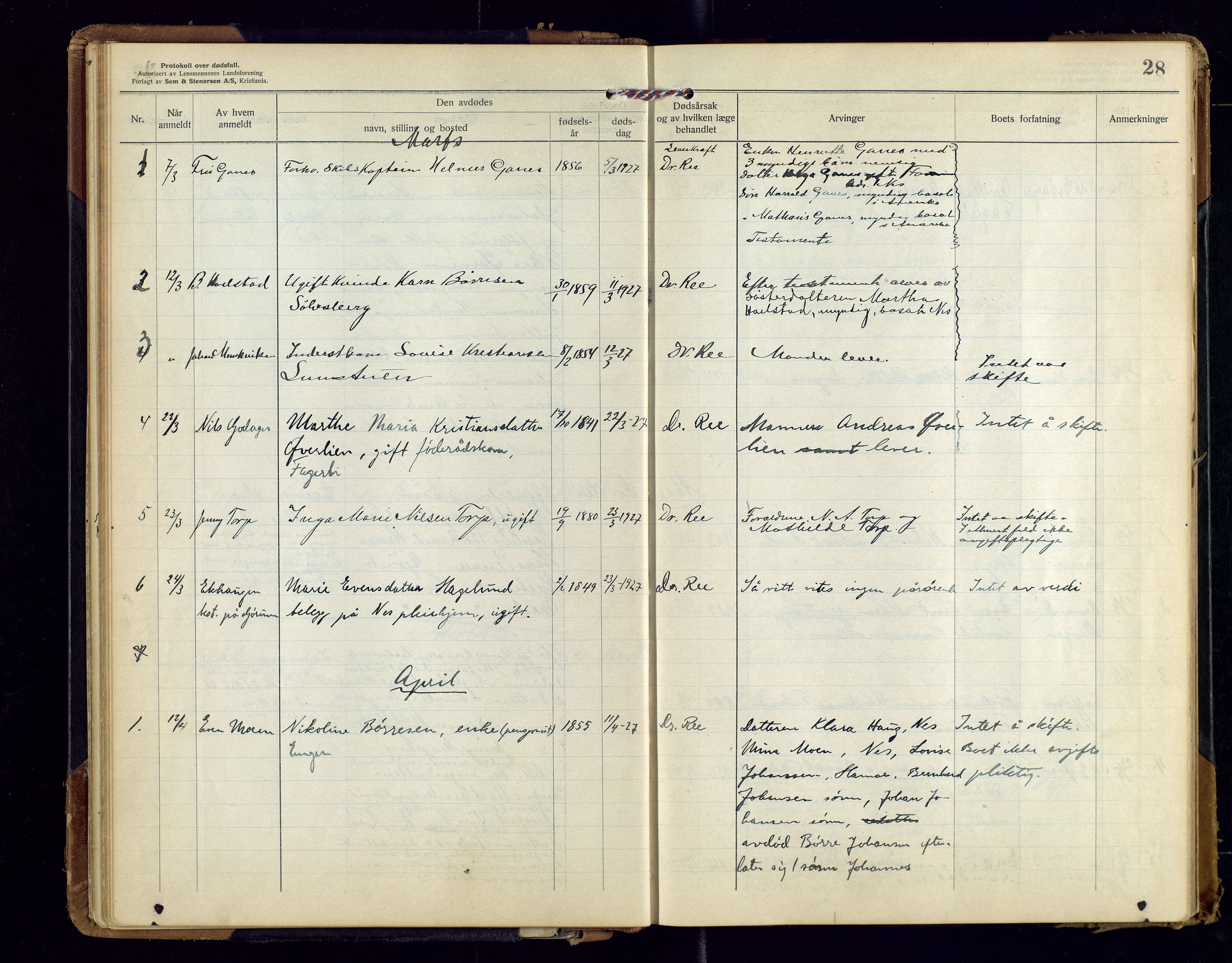 Nes, Hedmark, lensmannskontor, AV/SAH-LHB-008/H/Ha/L0001: Dødsfallsprotokoll, 1923-1948, s. 28