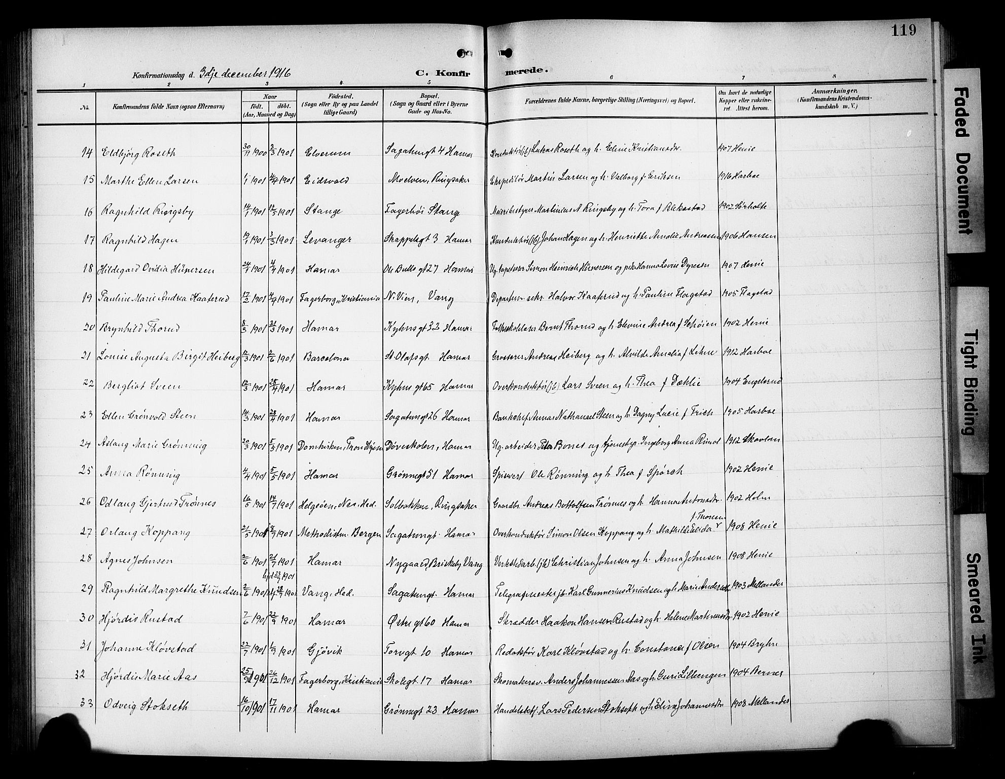 Hamar prestekontor, AV/SAH-DOMPH-002/H/Ha/Hab/L0002: Klokkerbok nr. 2, 1899-1929, s. 119