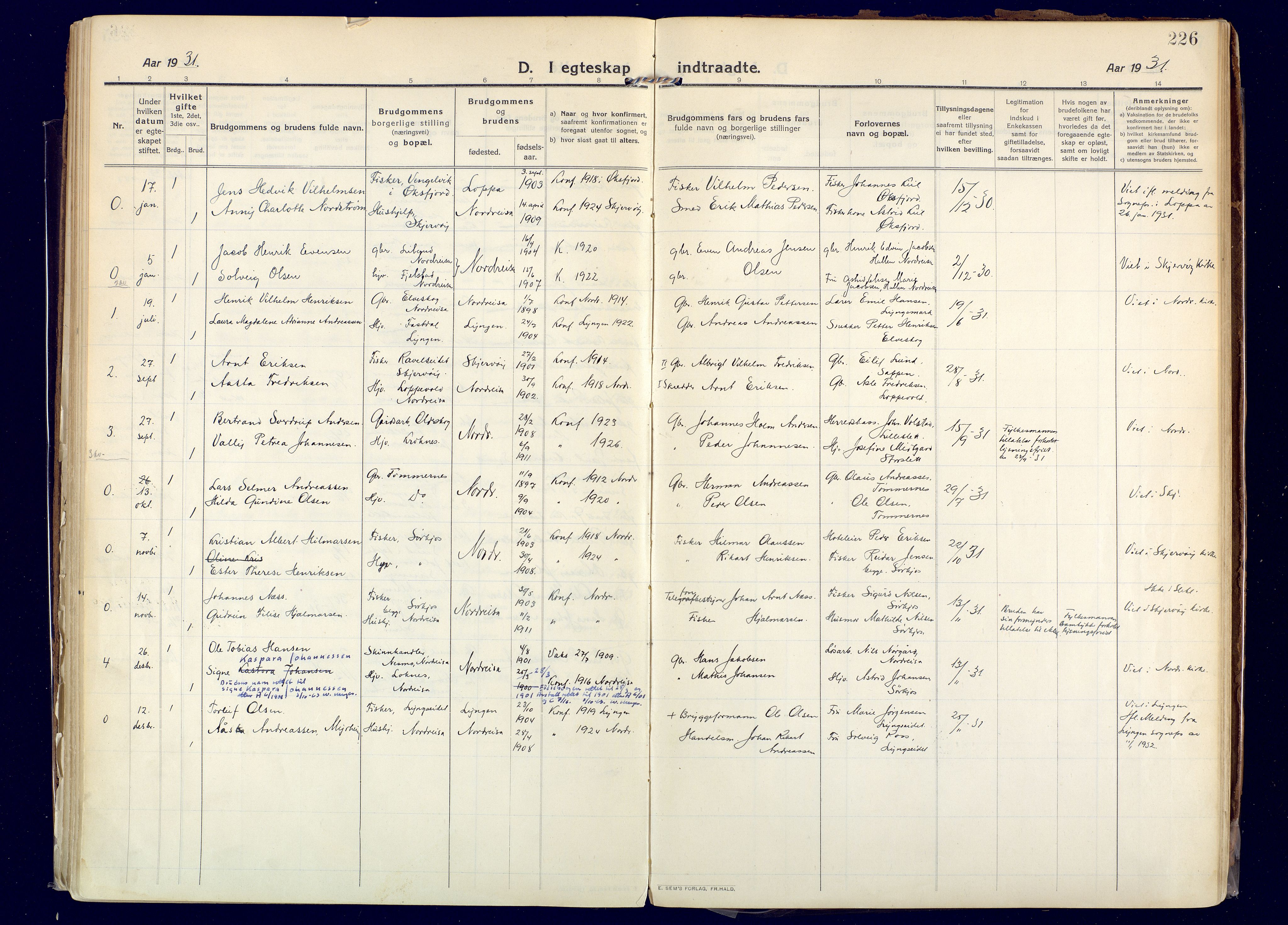 Skjervøy sokneprestkontor, AV/SATØ-S-1300/H/Ha/Haa: Ministerialbok nr. 20, 1911-1931, s. 226